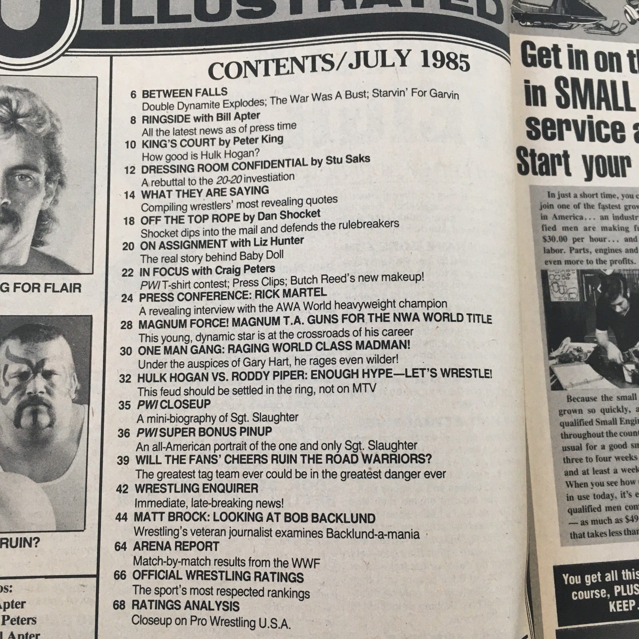 Contents page of Pro Wrestling Illustrated Magazine July 1985, listing articles including Hulk Hogan vs. Roddy Piper rivalry and other wrestling features.