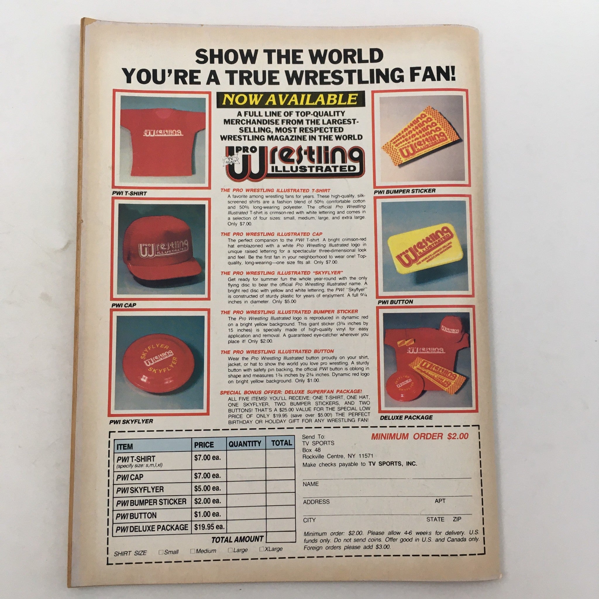 Back cover of Pro Wrestling Illustrated Magazine July 1985 advertising wrestling merchandise including caps, shirts, and bumper stickers.