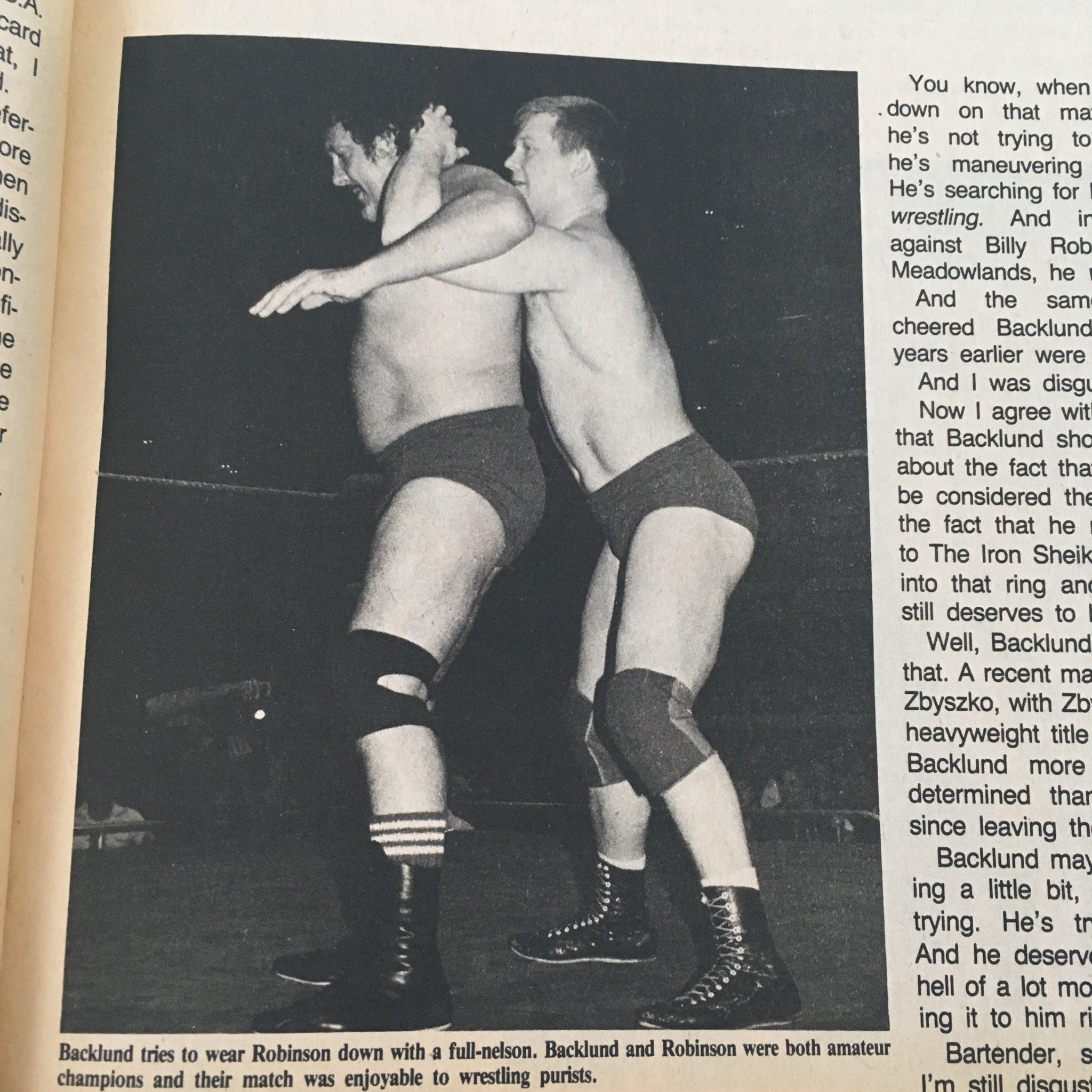 Image from Pro Wrestling Illustrated Magazine July 1985 depicting a wrestling match between Bob Backlund and Billy Robinson, illustrating classic wrestling techniques.