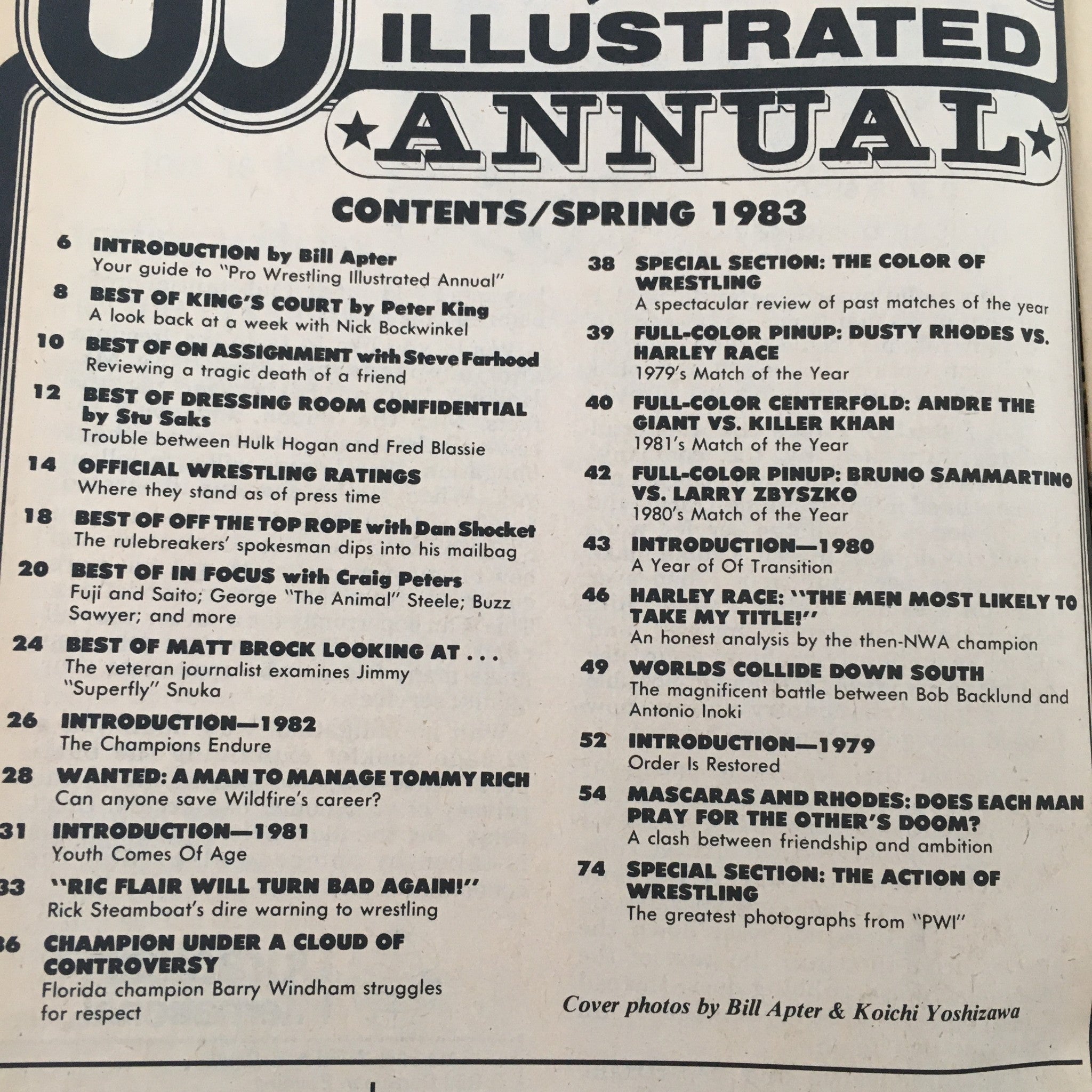 Table of contents from Pro Wrestling Illustrated Magazine Spring 1983 featuring key articles including Bob Backlund vs Antonio Inoki.