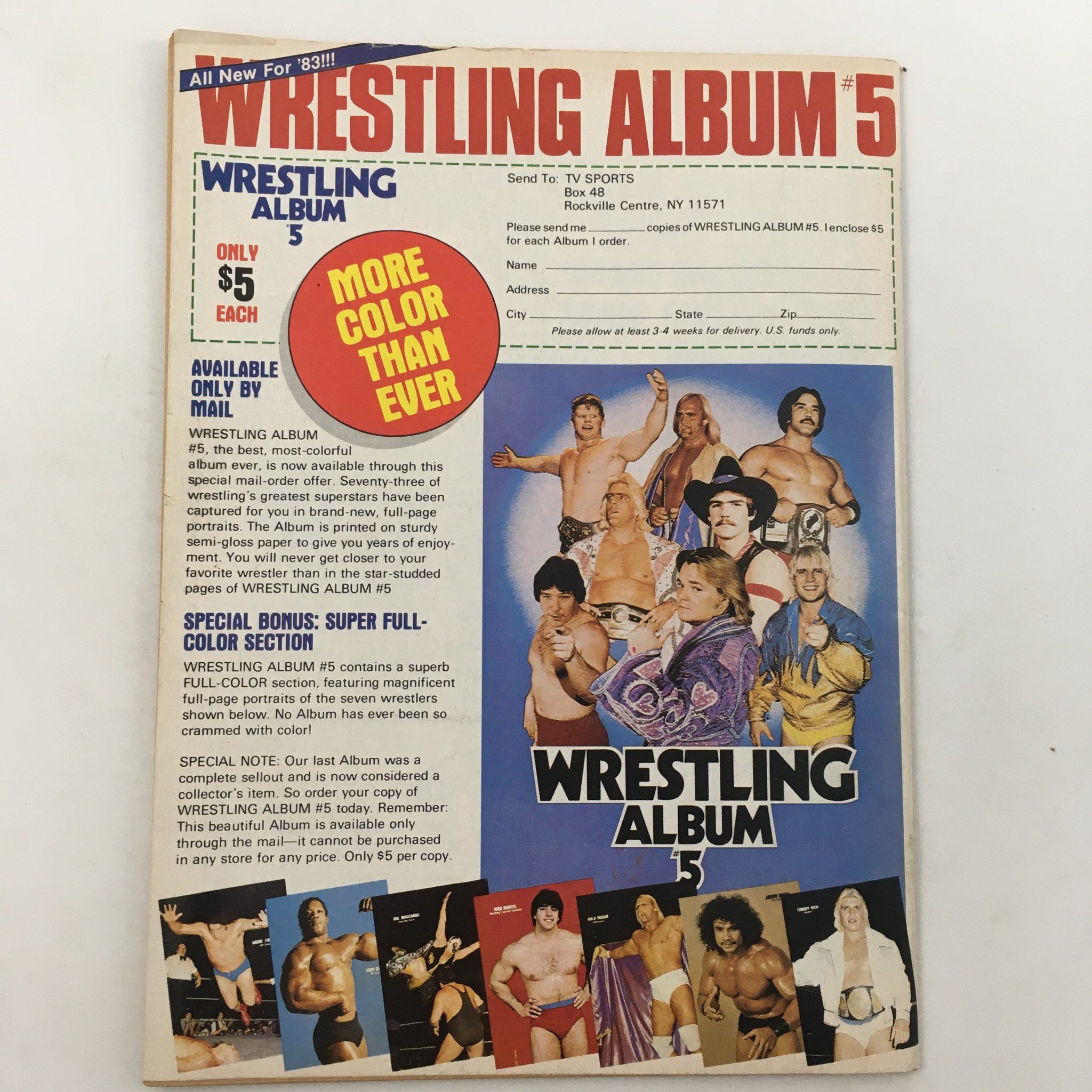 Cover of Wrestling Album #5 promoting the colorful collection of wrestling superstar portraits, associated with Pro Wrestling Illustrated Magazine Spring 1983.