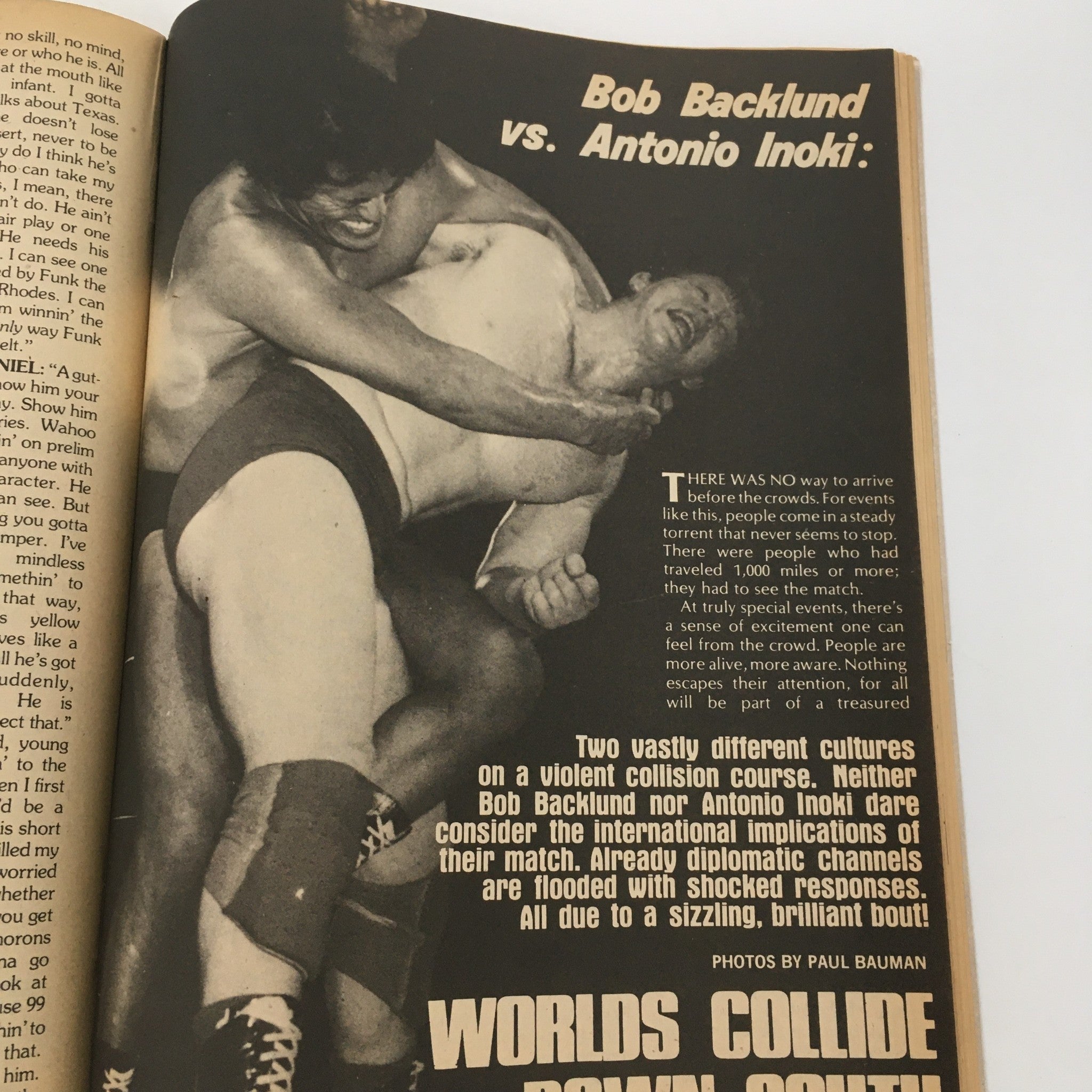 Article highlighting the wrestling match between Bob Backlund and Antonio Inoki from Pro Wrestling Illustrated Magazine Spring 1983.