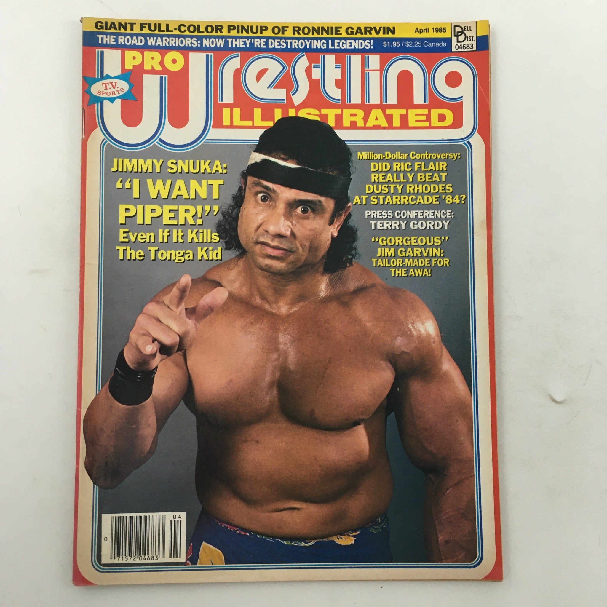 Pro Wrestling Illustrated Magazine April 1985 cover featuring Jimmy Snuka with the headline "I WANT PIPER!" The magazine displays wrestling history and iconic moments from the era, making it a collectible item for fans.