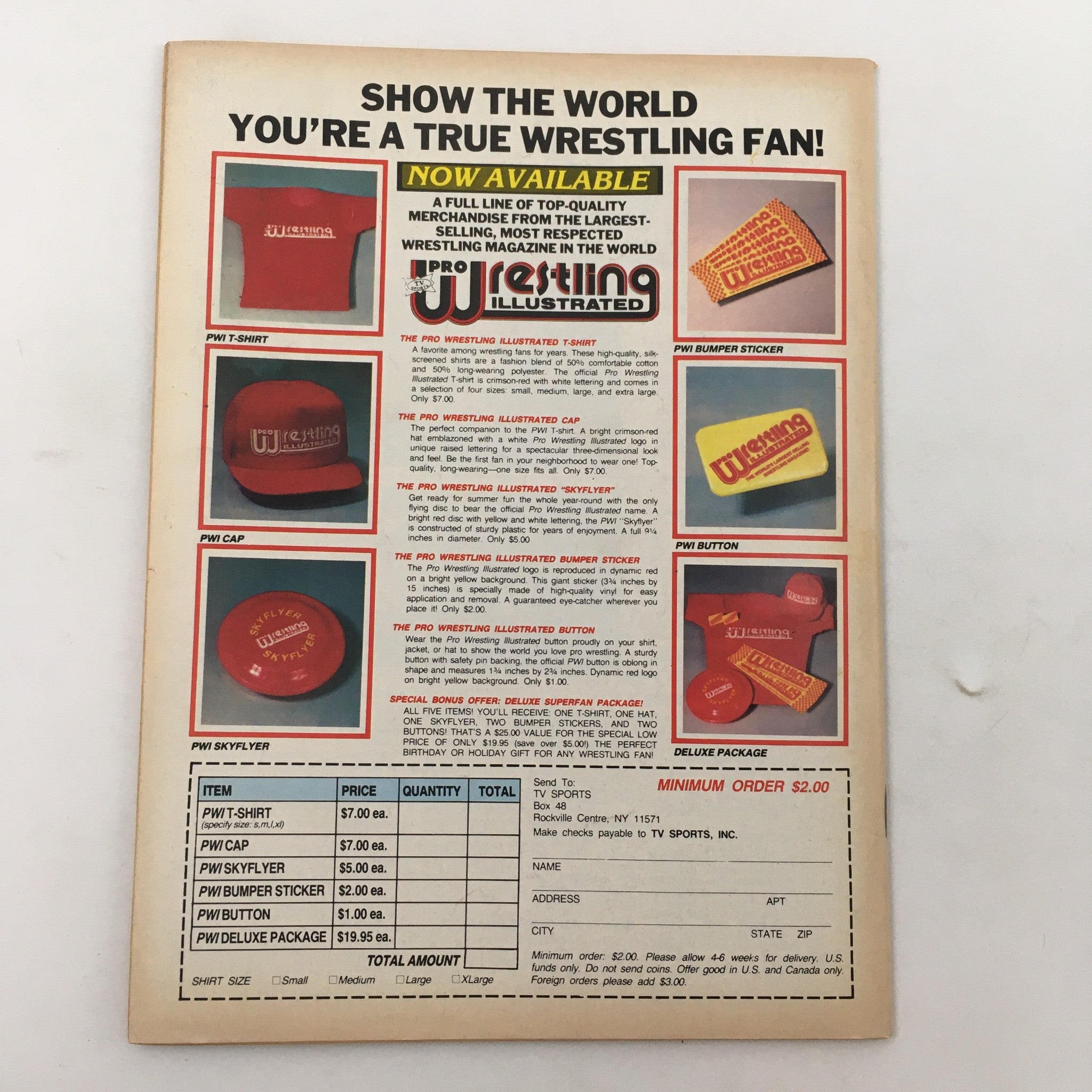 Back cover of Pro Wrestling Illustrated Magazine April 1985 showcasing available merchandise for wrestling fans.