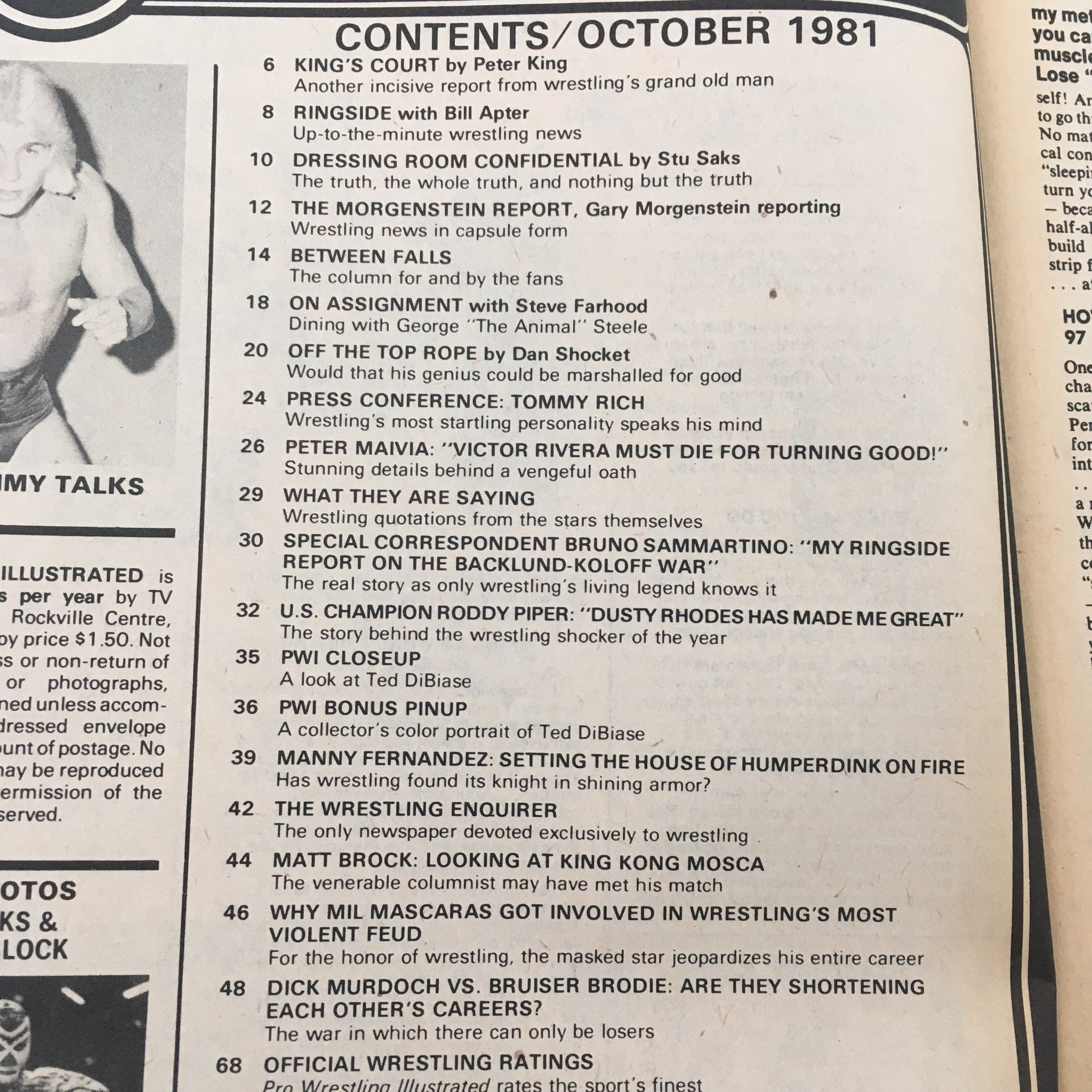 Pro Wrestling Illustrated Magazine October 1981 contents page listing articles, features, and match summaries, celebrating the golden age of professional wrestling.