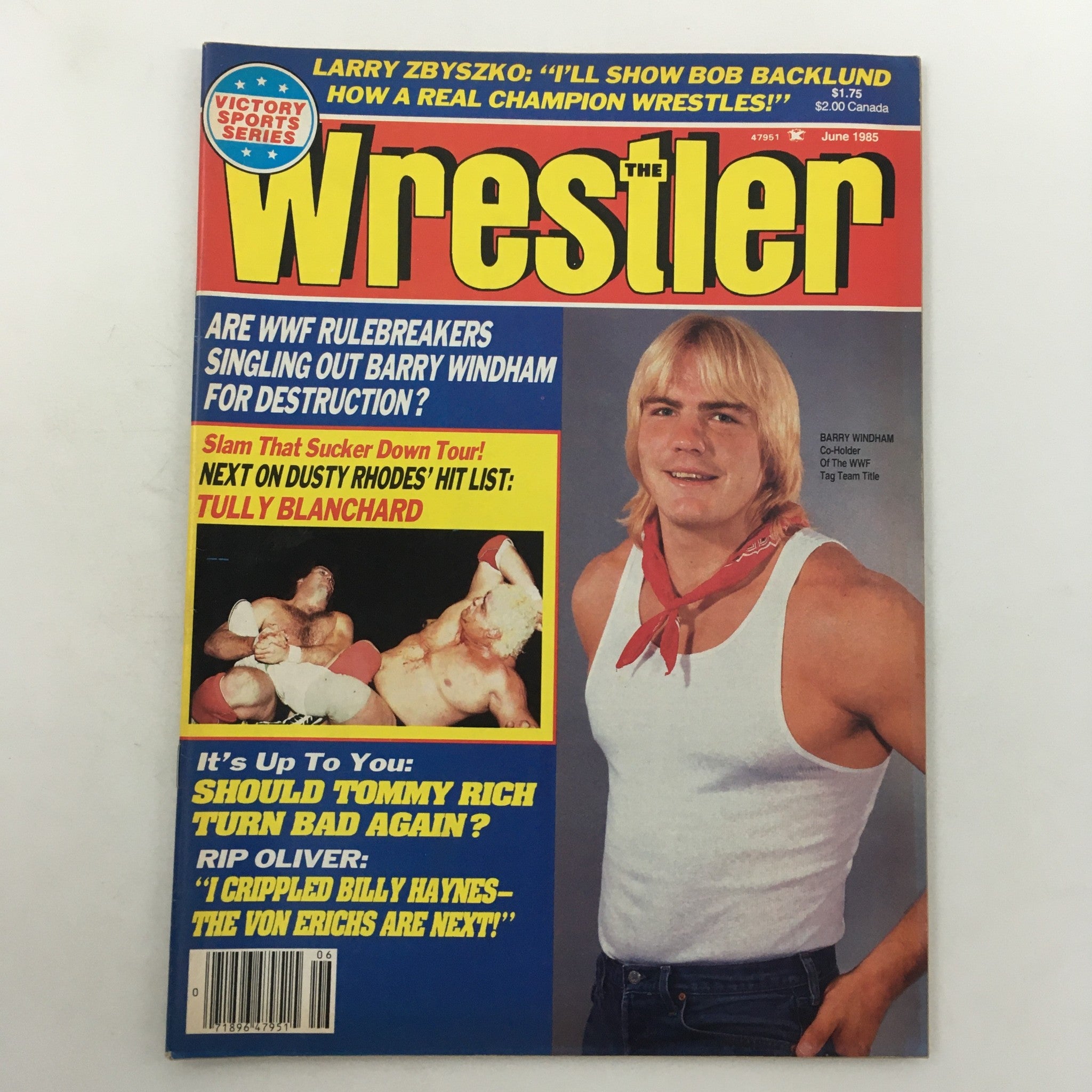 The Wrestler Magazine June 1985 featuring Barry Windham on the cover with headlines about wrestling events and a promotional image of Barry Windham.
