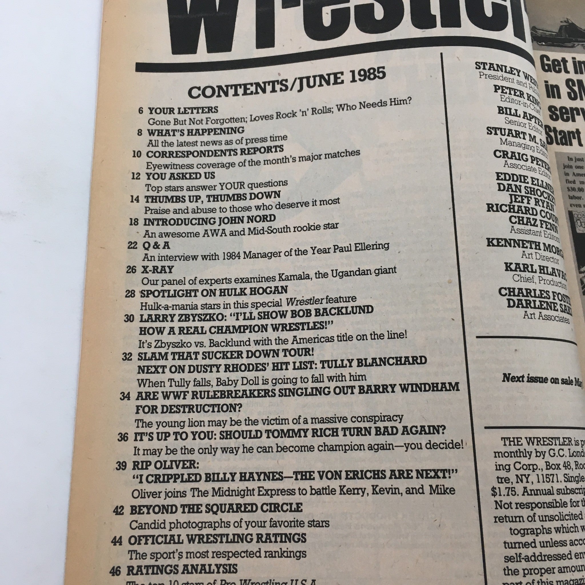 Contents page of The Wrestler Magazine June 1985 outlining featured articles and highlights from the issue.