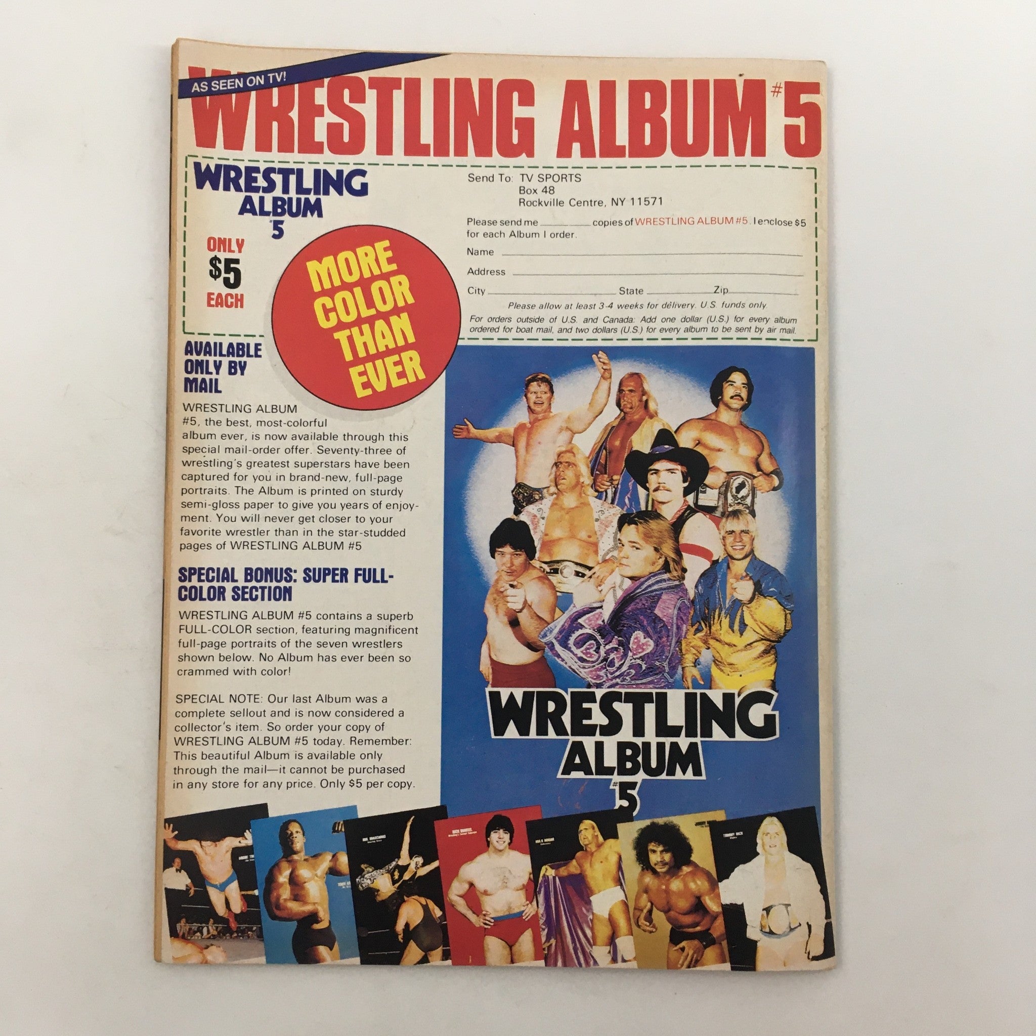 Back cover of Wrestling Album #5 featuring a collage of famous wrestlers and promotional details.