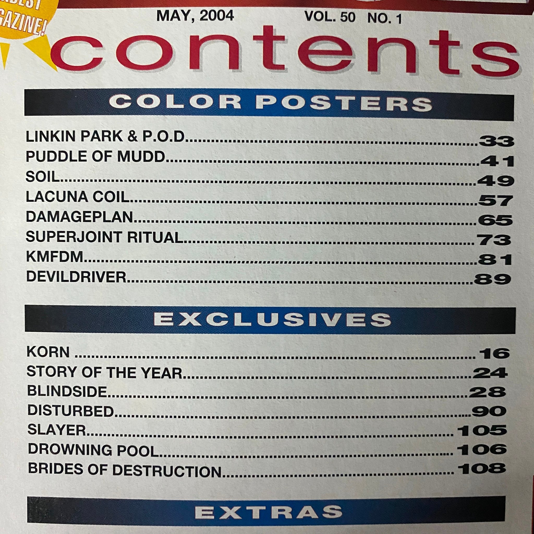 Table of contents from Metal Edge Magazine May 2004 featuring color posters and exclusive interviews with bands like Korn, Linkin Park, and Slayer.