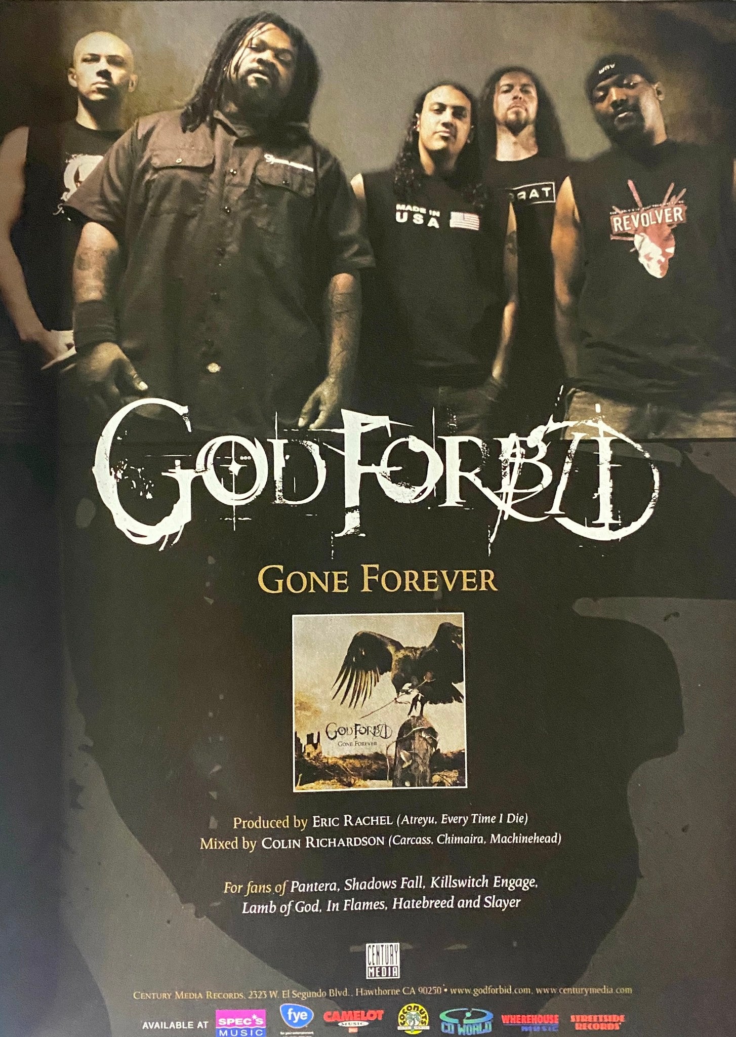 Advertisement for God Forbid's album 'Gone Forever' in Metal Edge Magazine May 2004, showcasing the band members and their musical influence.