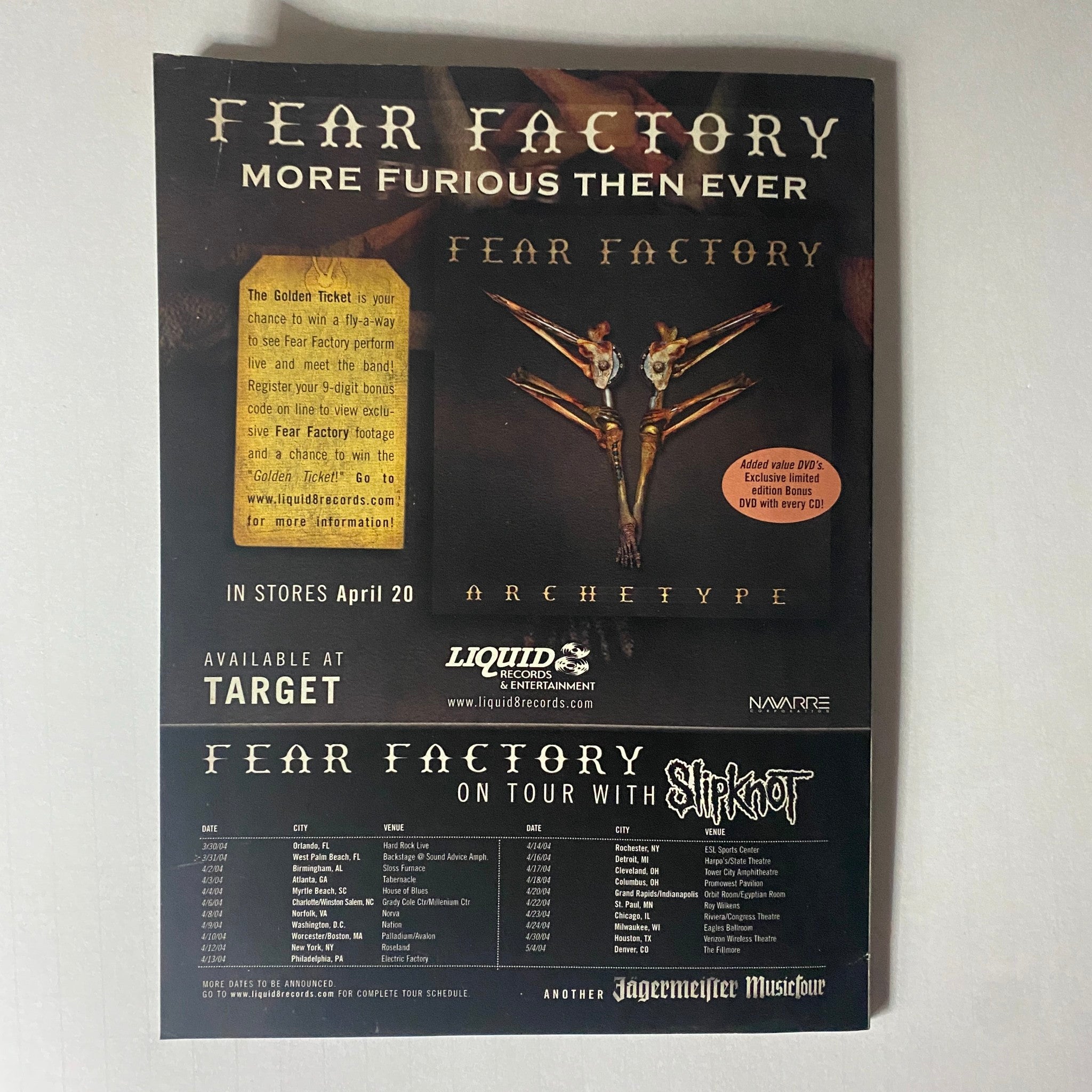 Vintage promotional image featuring Fear Factory, highlighting their album 'Archetype' with tour details alongside Slipknot. Seen in the May 2004 issue of Metal Edge Magazine.