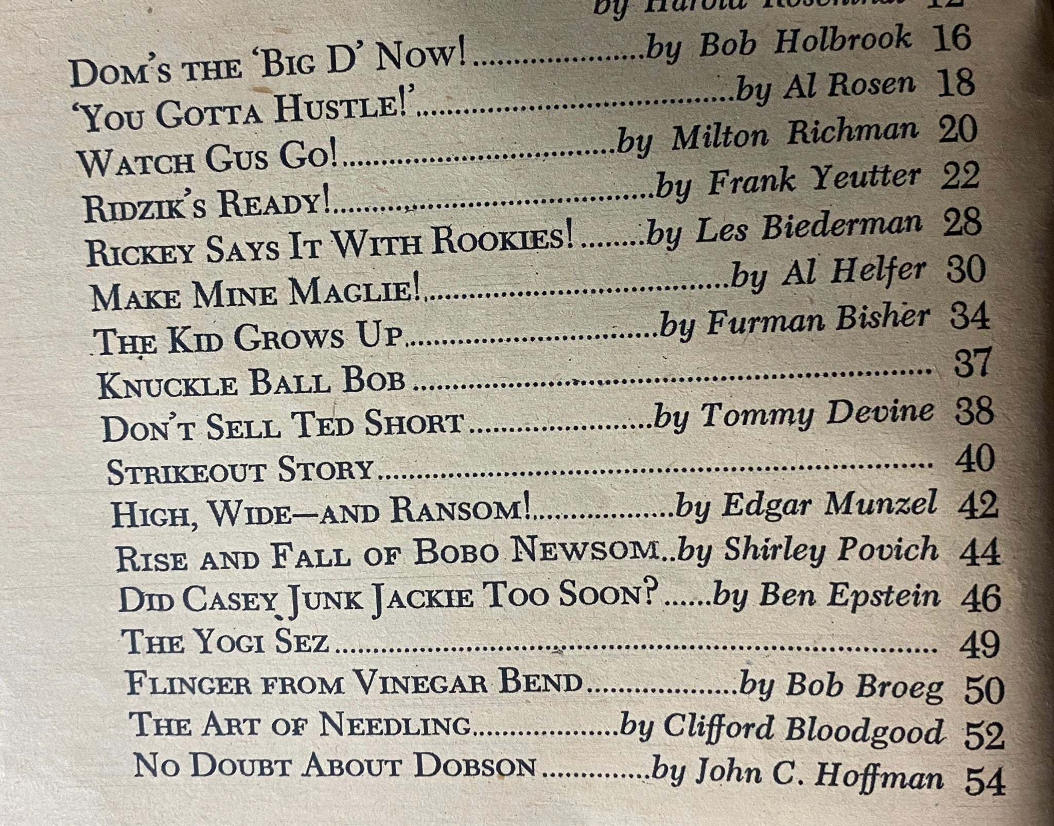 Table of contents from Complete Baseball Magazine September 1952, featuring articles on legendary players like Gil Hodges and Ralph Kiner. The magazine offers a glimpse into baseball's rich history with highlights from various articles.