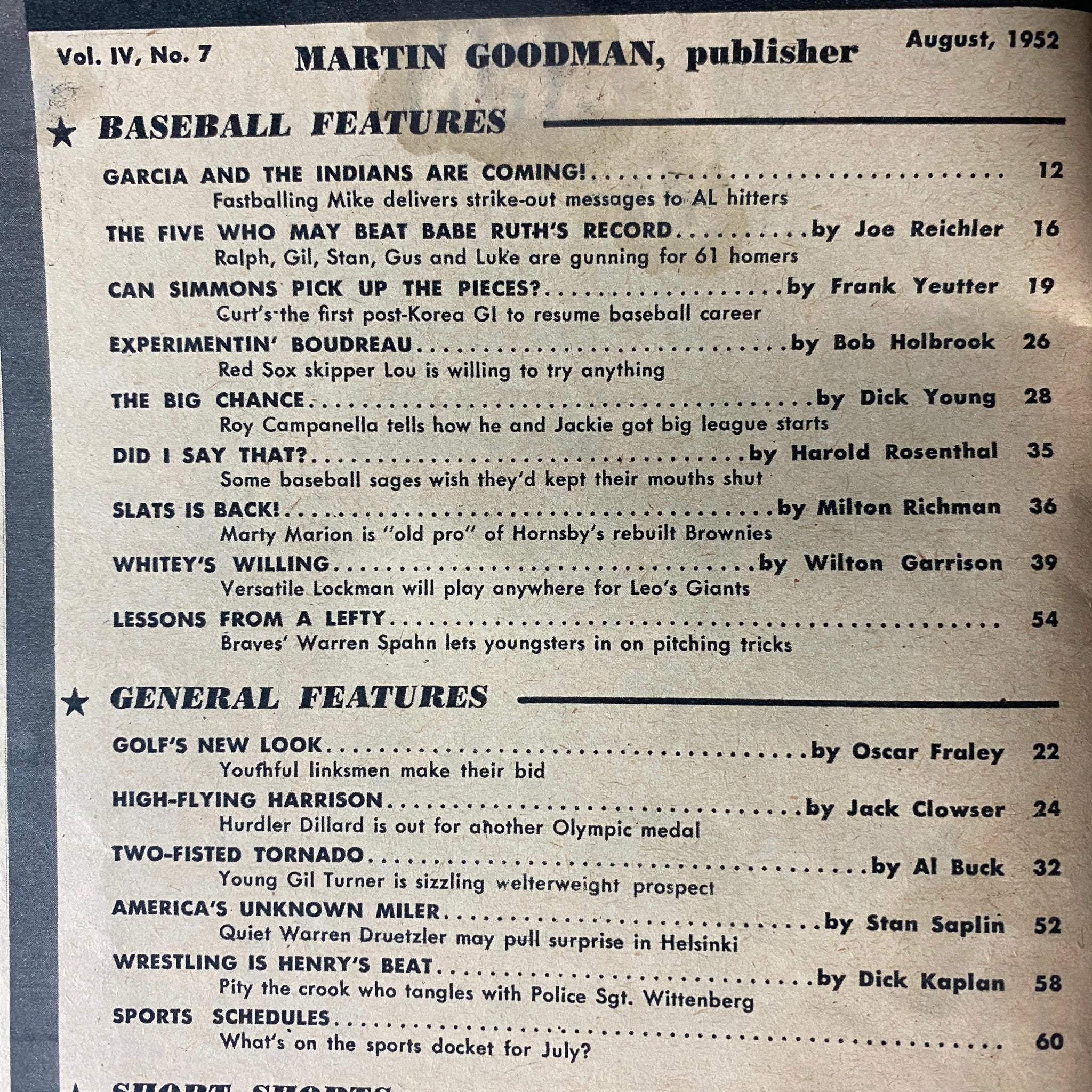 Sports Stars Magazine August 1952 Mike Garcia Cover No Label