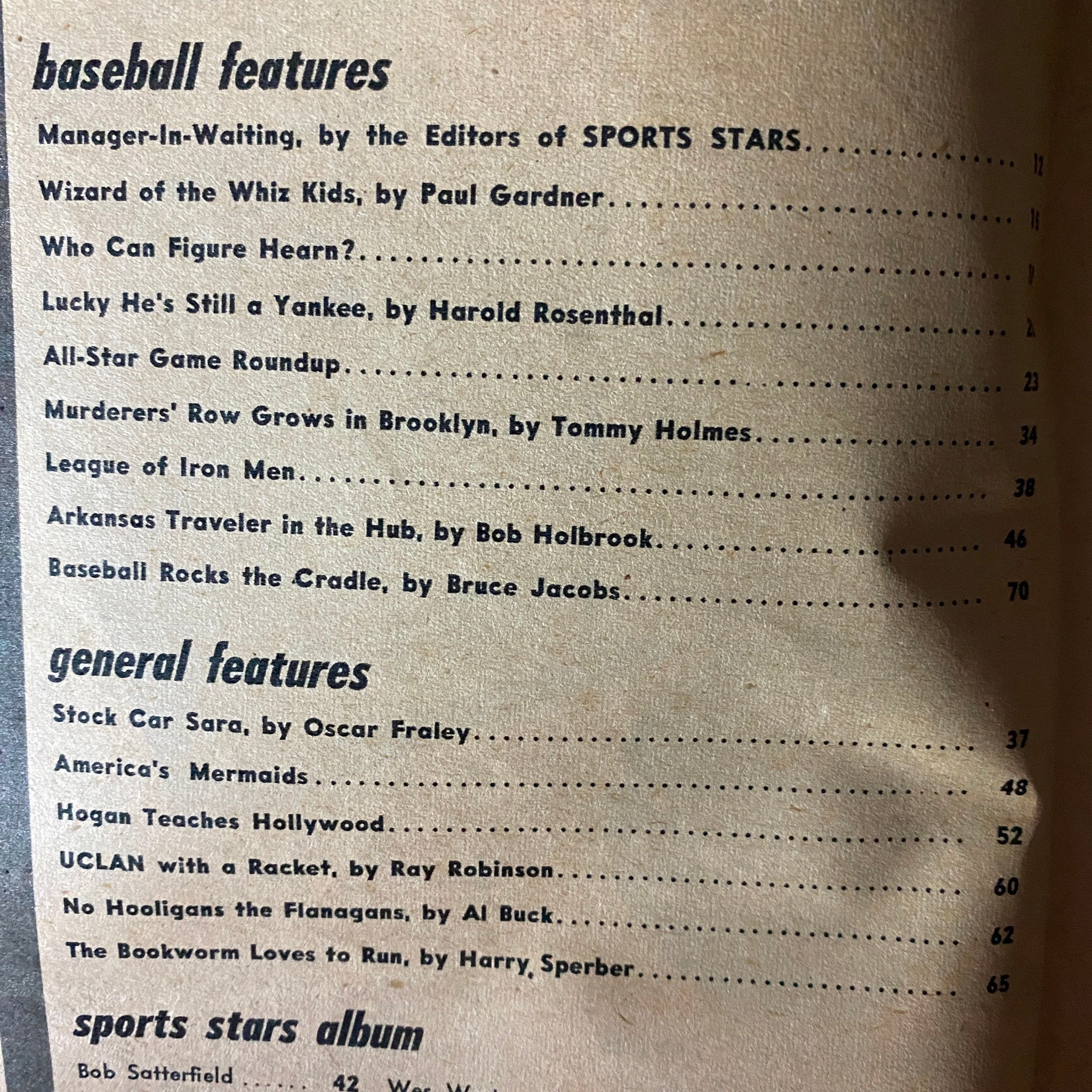 Table of contents from the August 1951 issue of Sports Stars Magazine showcasing featured articles, including baseball highlights and stock car racing.