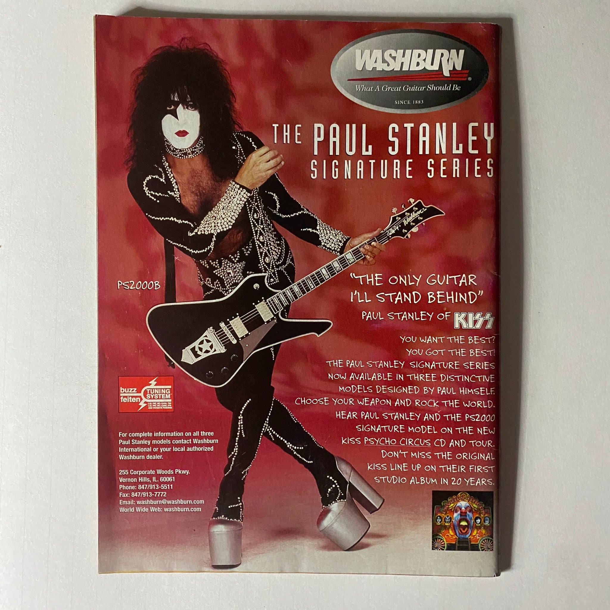 Promotional advertisement from Metal Edge Magazine featuring Paul Stanley of KISS, showcasing the Paul Stanley Signature Series guitar by Washburn. The ad emphasizes Stanley's endorsement with eye-catching design and vibrant colors, making it a notable piece for collectors of classic rock memorabilia.