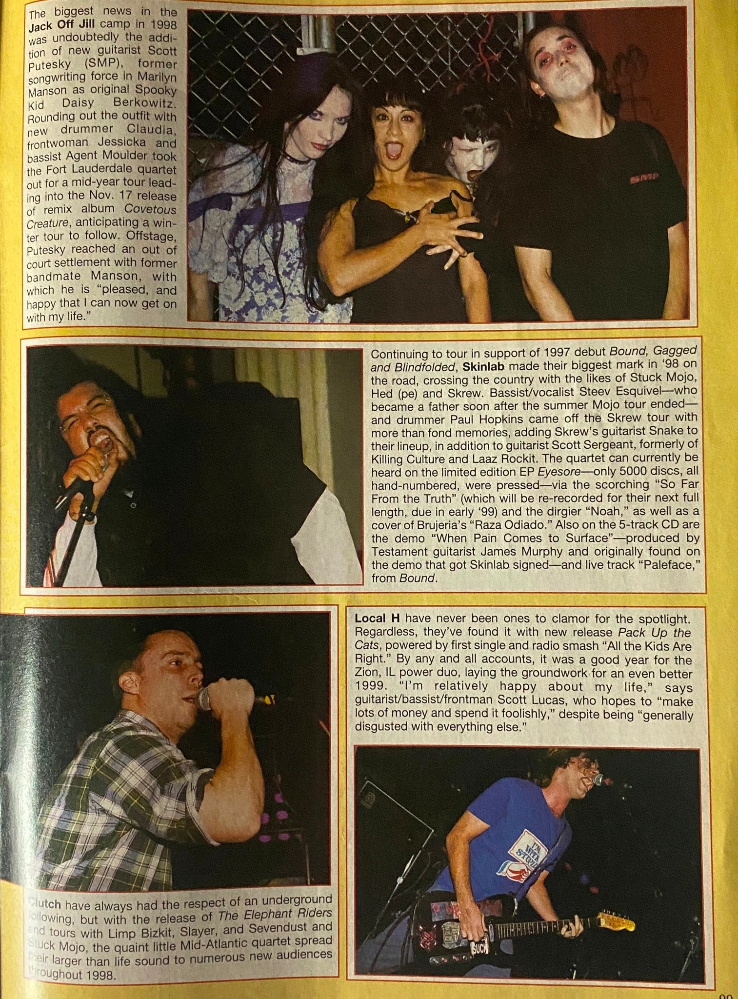 Article from Metal Edge Magazine featuring various alternative rock bands, including Jack Off Jill and Local H. The image captures a moment from the late 1990s music scene, highlighting performances and band members, adding depth to the magazine's coverage of rock music during that era.