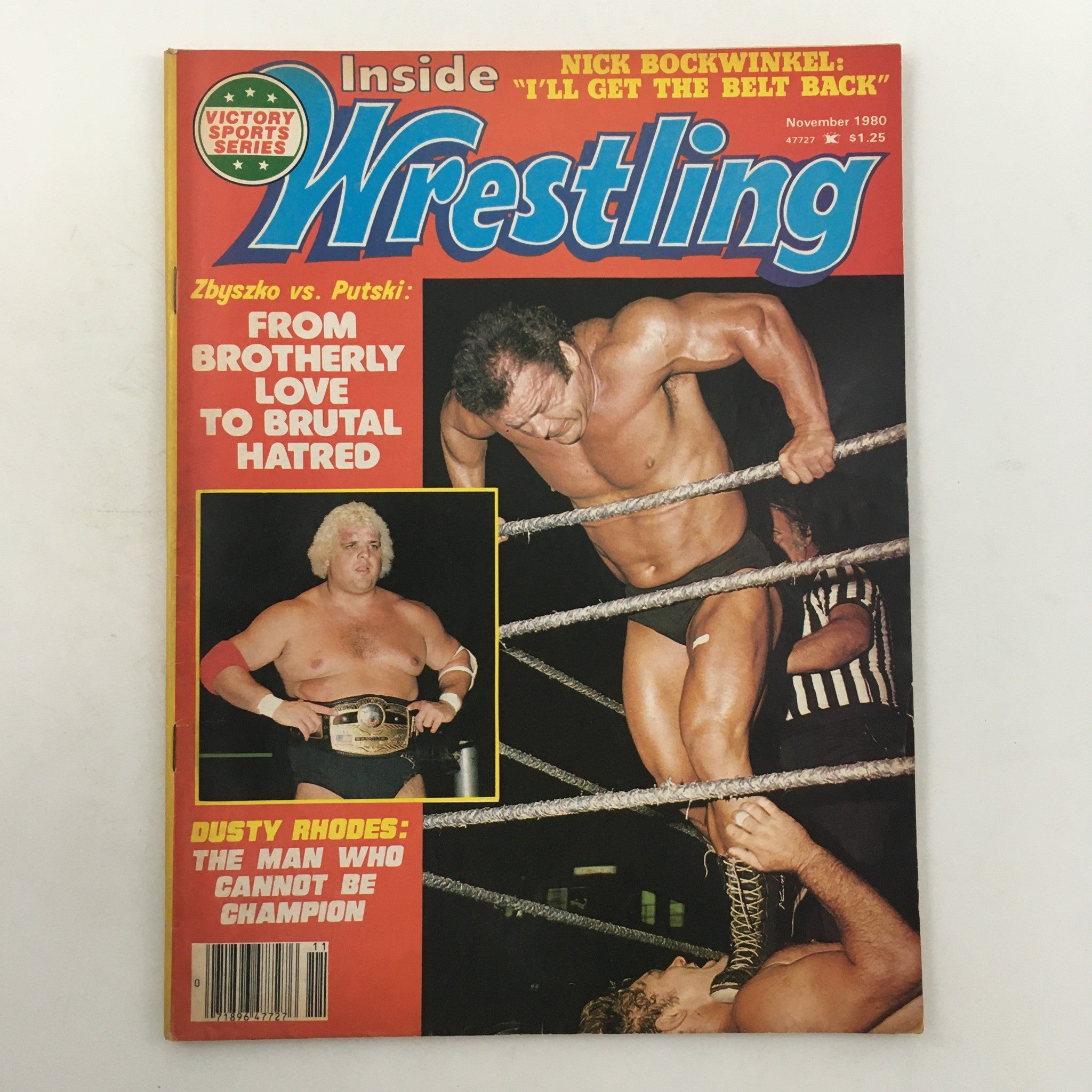 Cover of Inside Wrestling Magazine November 1980 featuring a match between Larry Zbyszko and Ivan Putski. The vibrant cover showcases wrestling action with prominent headlines about the rivalry, making it a collectible item for fans.