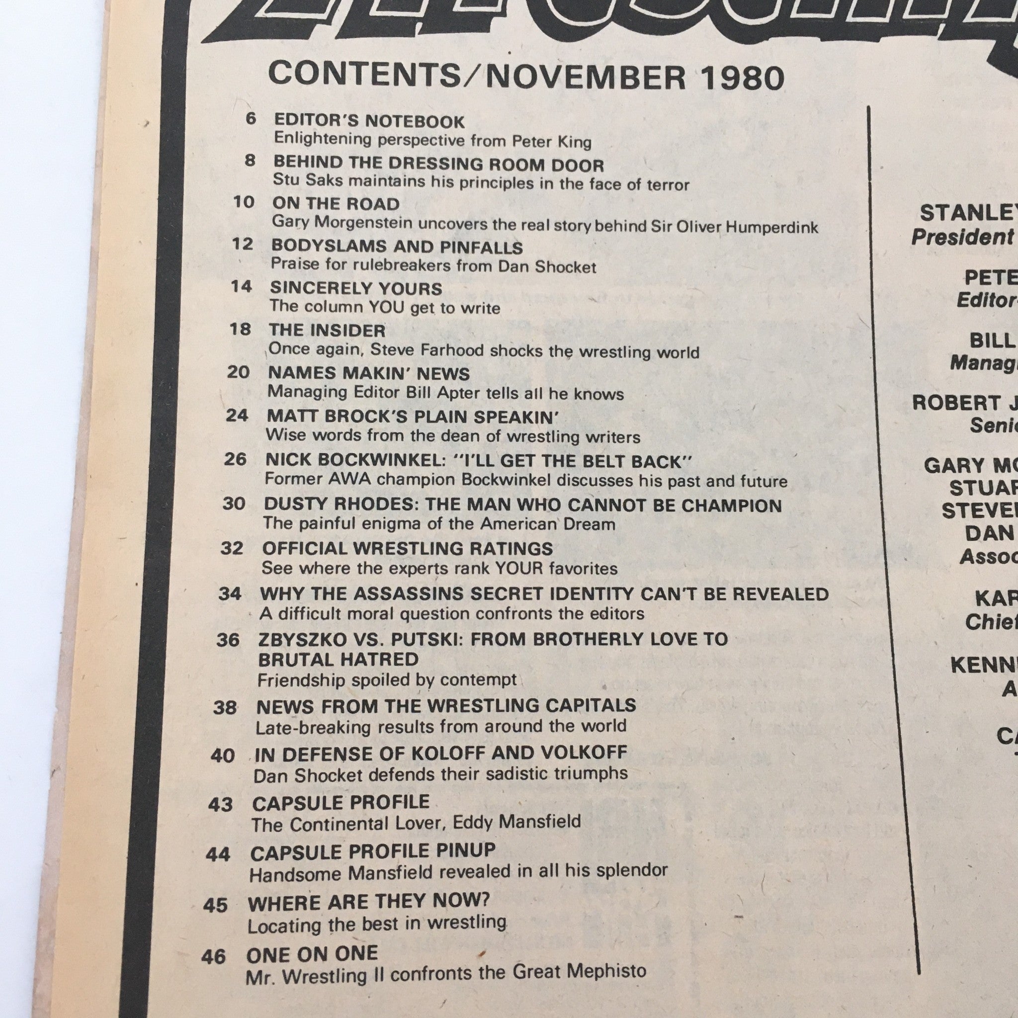 Contents page of Inside Wrestling Magazine November 1980, detailing articles and features including insights on Larry Zbyszko vs Ivan Putski, editorials, and wrestling ratings, providing a comprehensive overview of wrestling topics from that era.