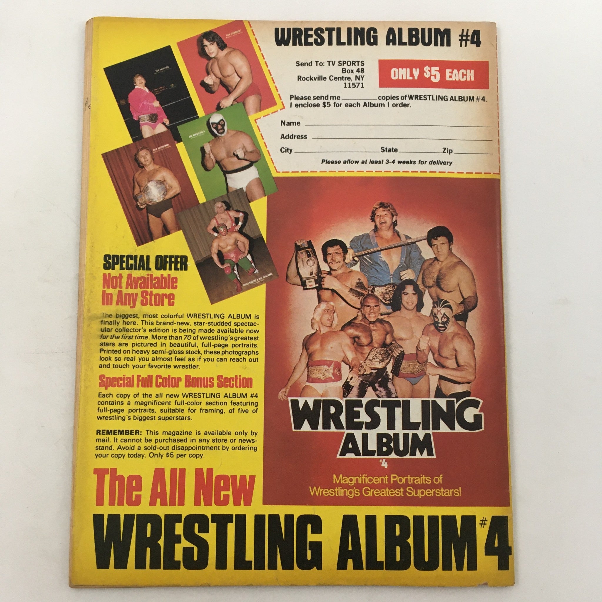 Cover of the Inside Wrestling Magazine from November 1980 featuring an advertisement for Wrestling Album #4 with colorful images of wrestling stars and a special offer.