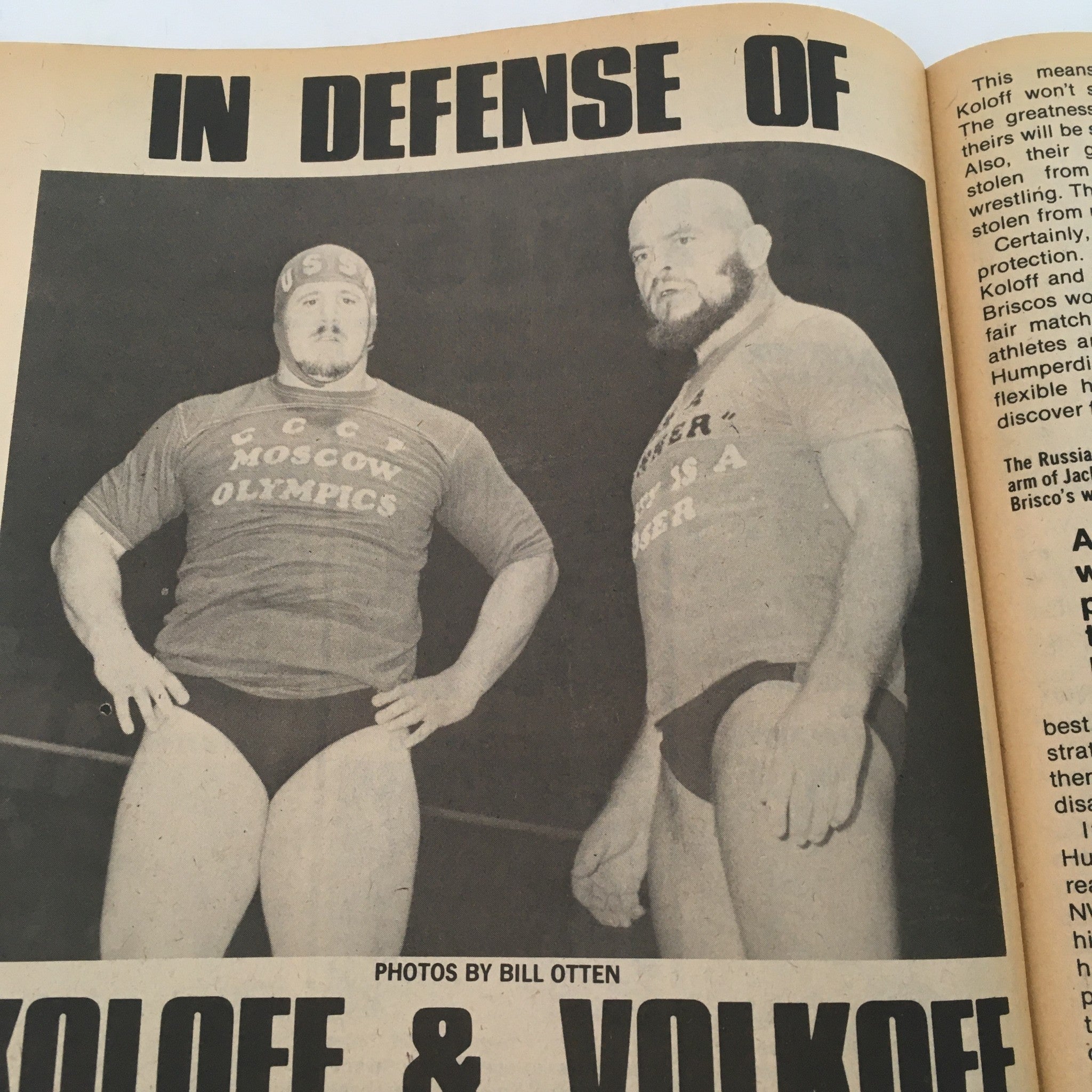 Inside page from the Inside Wrestling Magazine November 1980 showcasing a black and white photograph of wrestlers Koloff and Volkov, titled 'In Defense of Koloff & Volkov'.