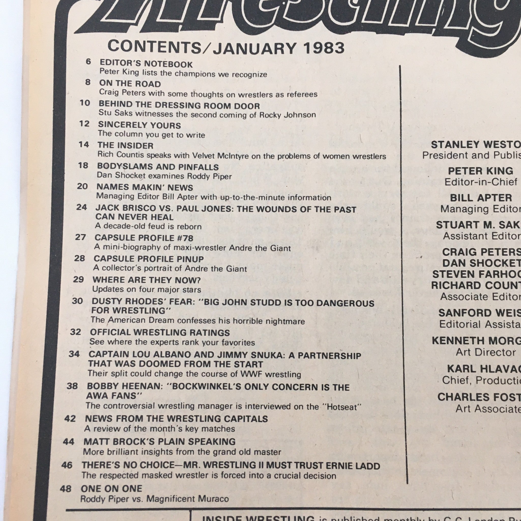 Contents page from Inside Wrestling Magazine, January 1983 detailing articles including Andre the Giant's capsule profile.