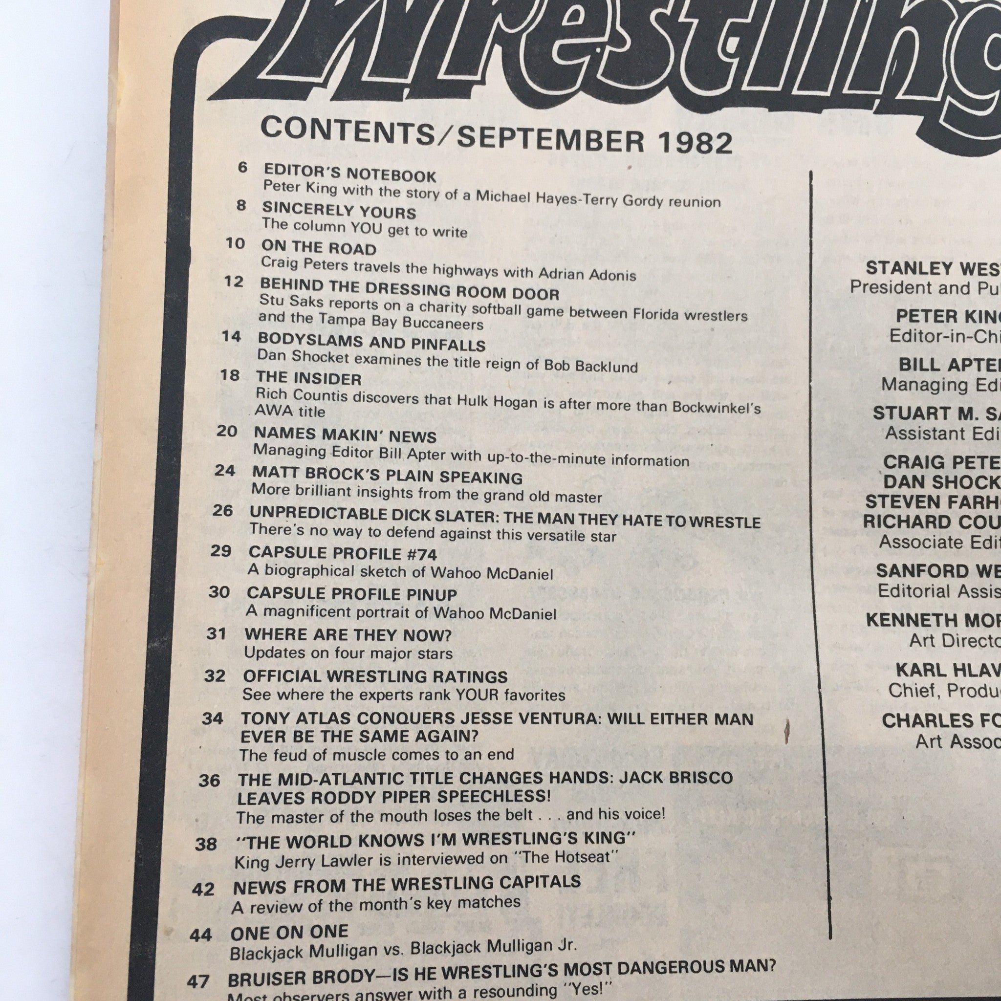 Contents page of Inside Wrestling Magazine September 1982, detailing articles and features including Tony Atlas vs. Jesse Ventura, showcasing the magazine's rich wrestling history.
