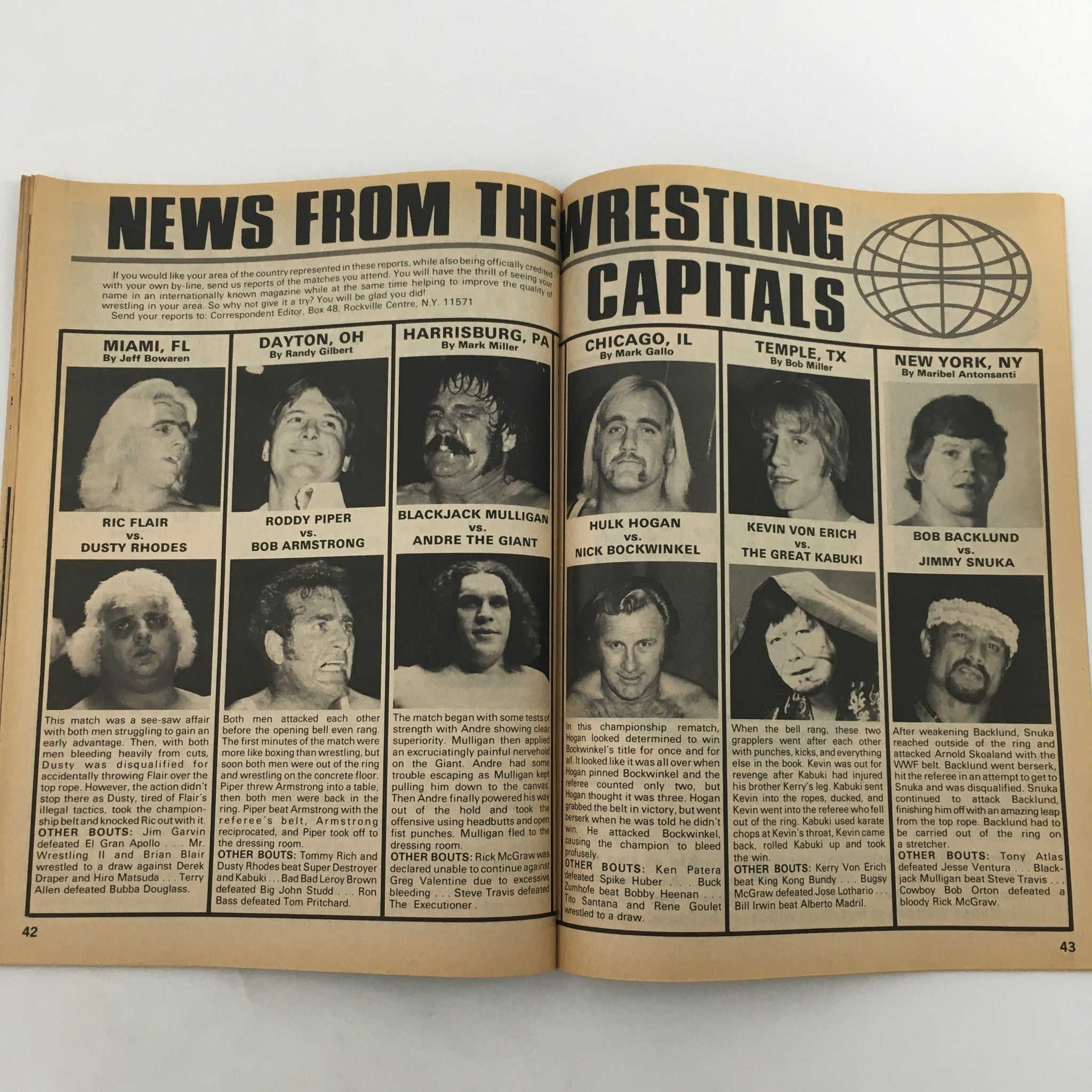 Inside page of Inside Wrestling Magazine September 1982 featuring news from the wrestling capitals, illustrating the vibrant wrestling scene and match details of that era.