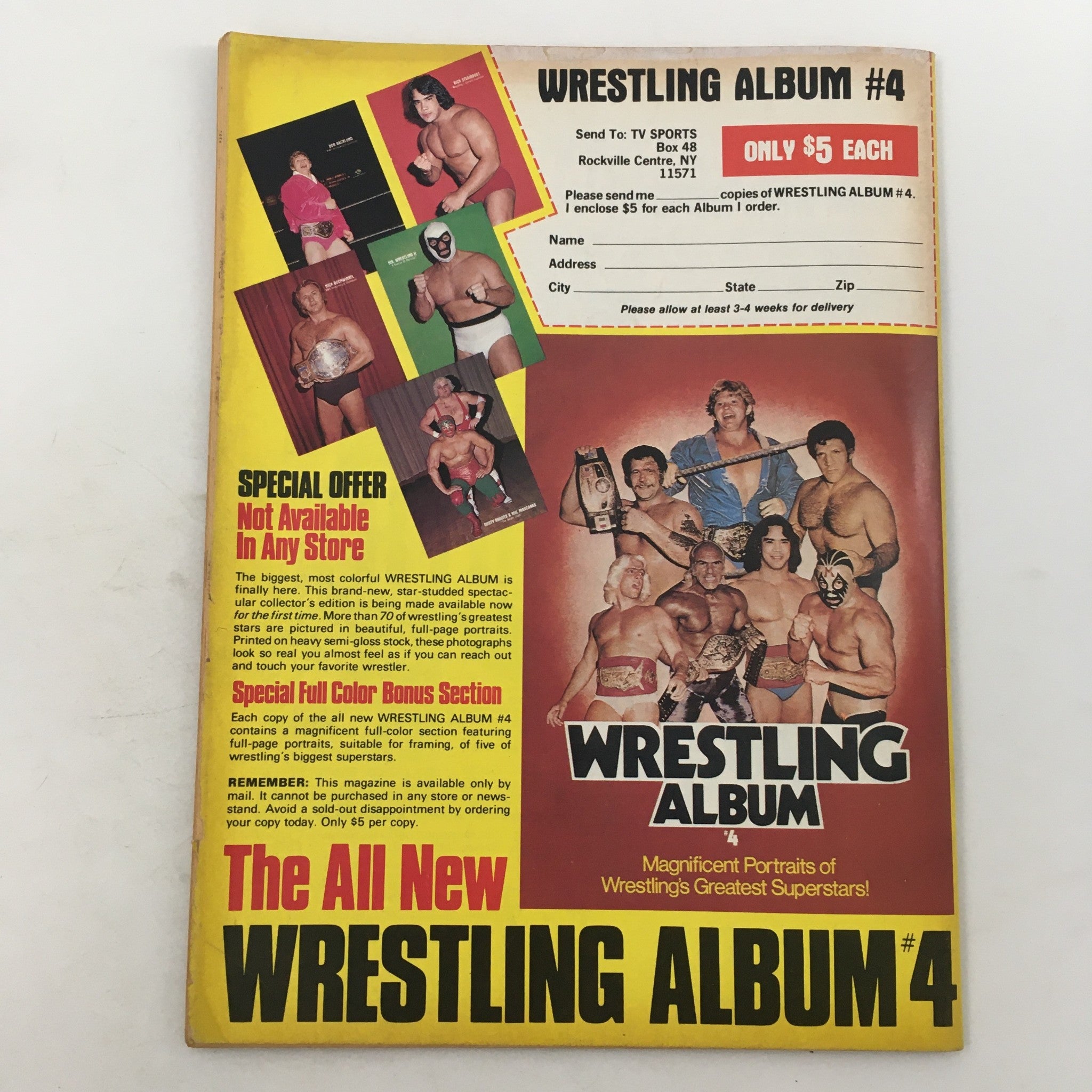 Back cover of The Best of Wrestler Magazine, Summer 1981, promoting Wrestling Album #4 with pictures of wrestling stars and collector details.