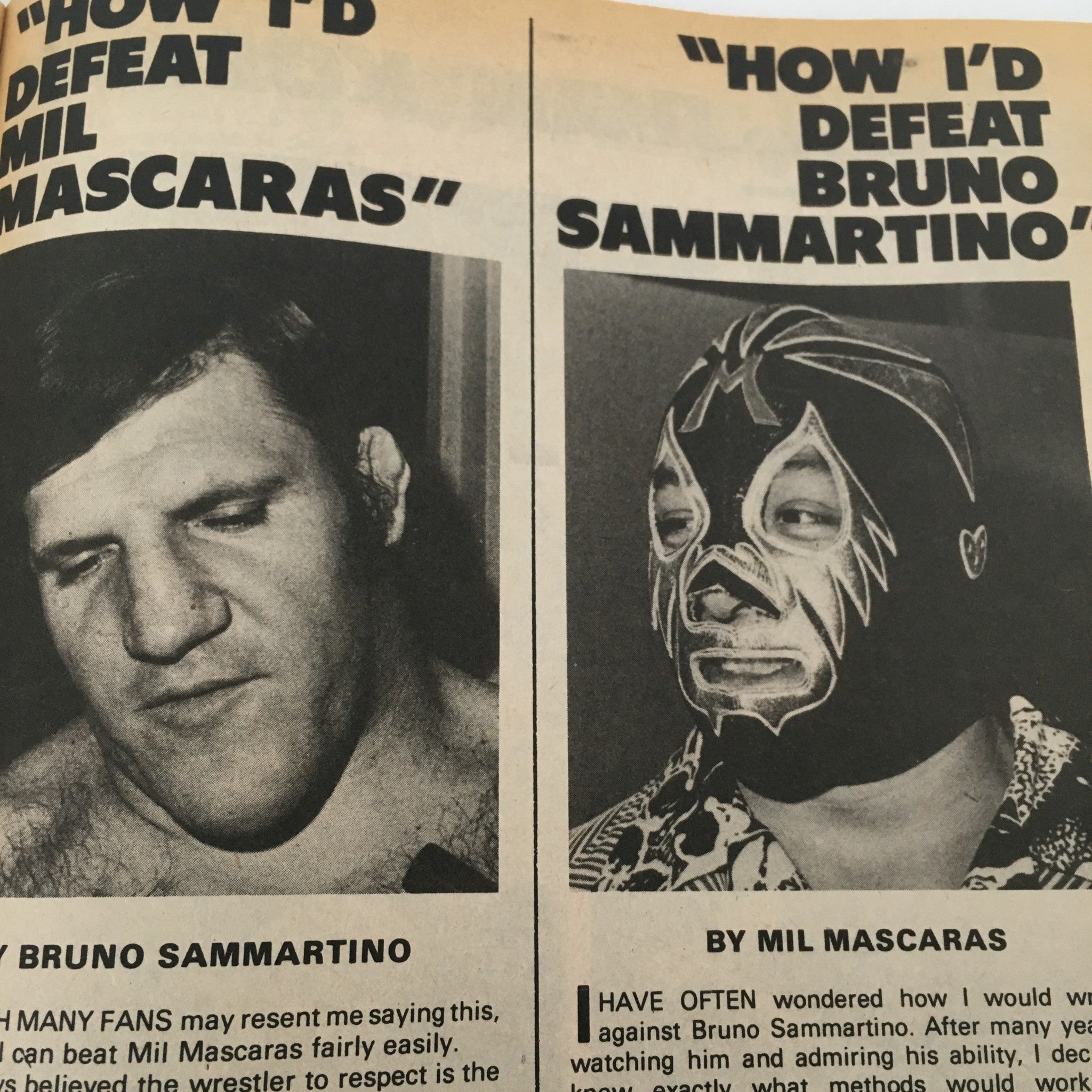 Illustrative article from The Best of Wrestler Magazine, Summer 1981, depicting Mil Mascaras and Bruno Sammartino discussing wrestling strategies.