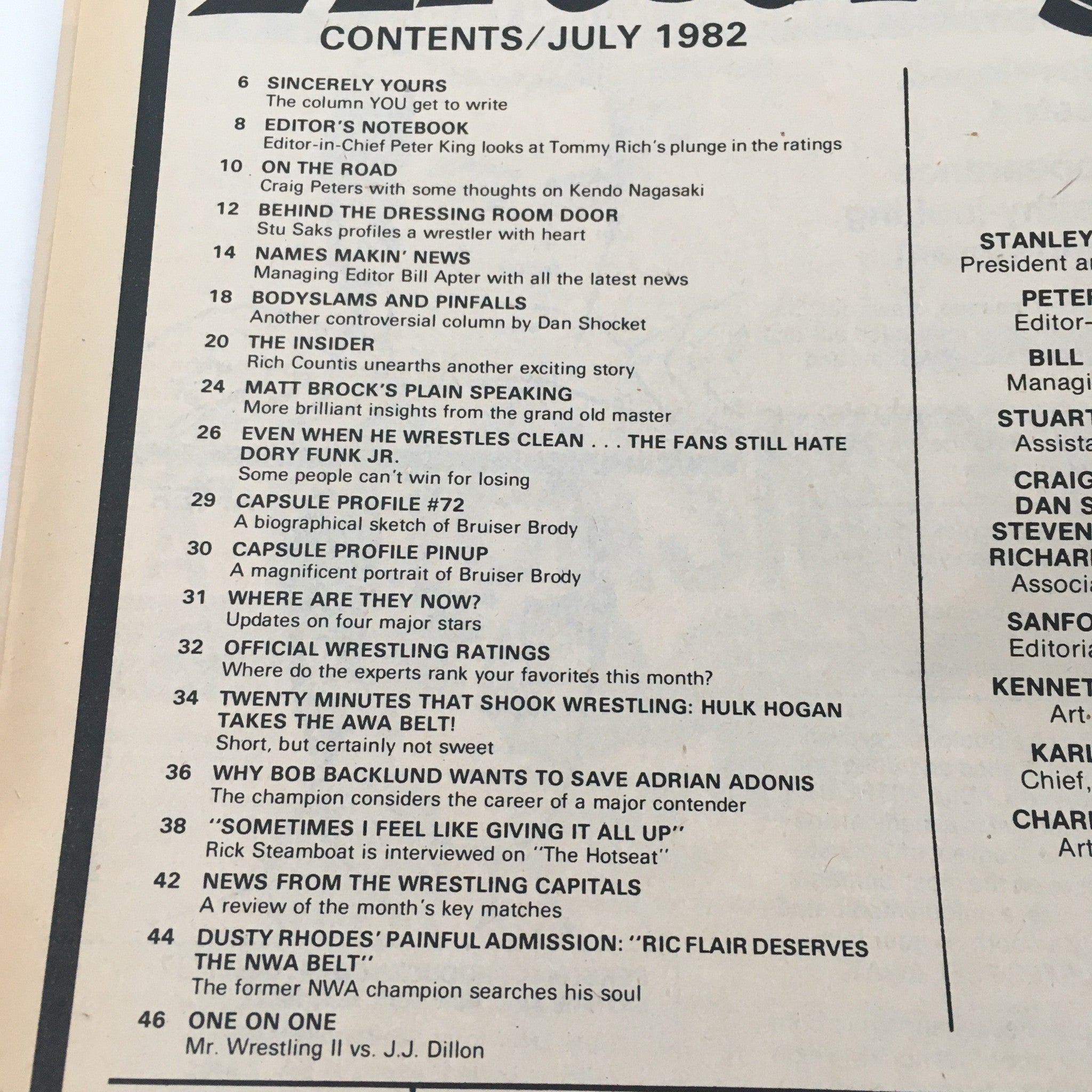 Contents page of Inside Wrestling Magazine July 1982 including articles, features, and highlights such as Hulk Hogan taking the AWA belt and Bob Backlund's profile.
