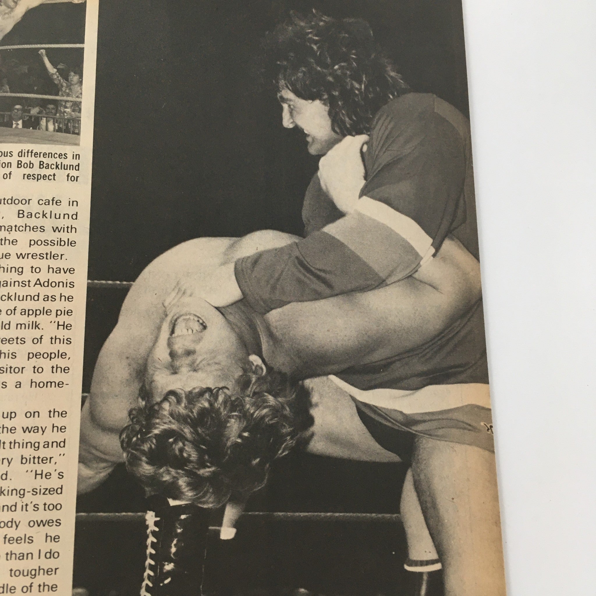 Black and white image from Inside Wrestling Magazine July 1982, depicting a wrestling match with Bob Backlund in action, illustrating the excitement of the wrestling era.