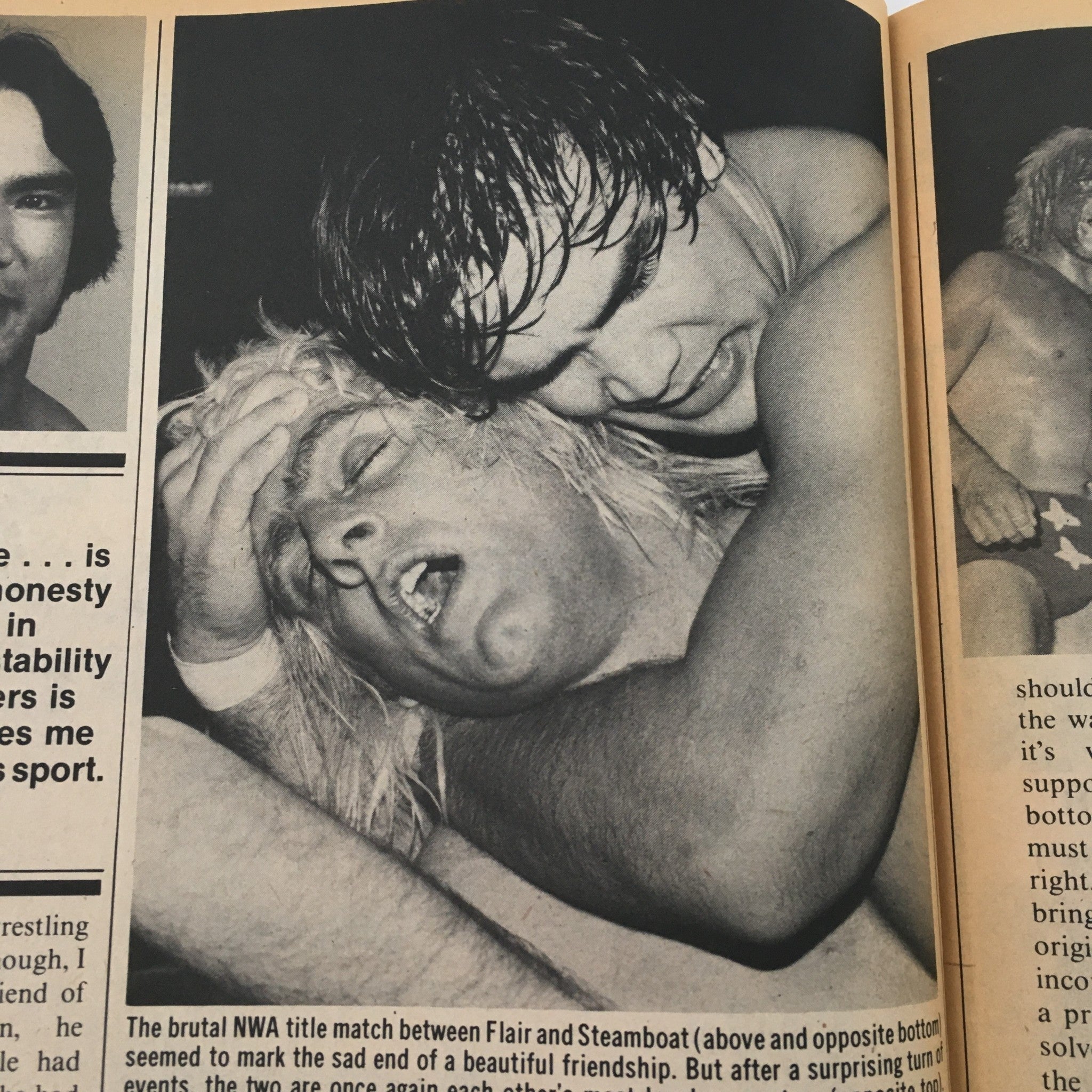 Inside Wrestling Magazine July 1982 image showing a wrestling scene with two competitors, highlighting the dramatic moments of professional wrestling.