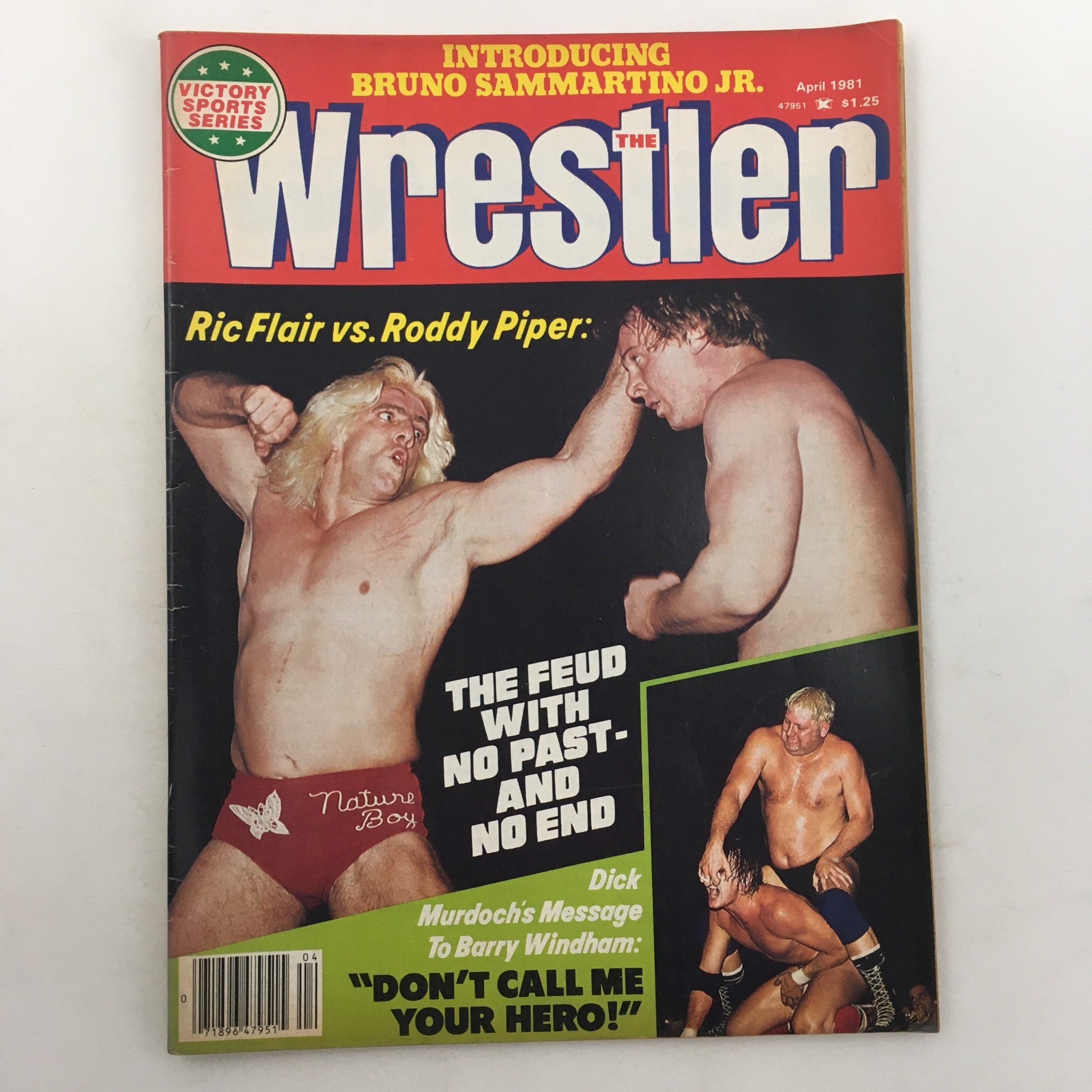The Wrestler Magazine April 1981 cover featuring Ric Flair vs. Roddy Piper, highlighting their feud in professional wrestling with an eye-catching design.