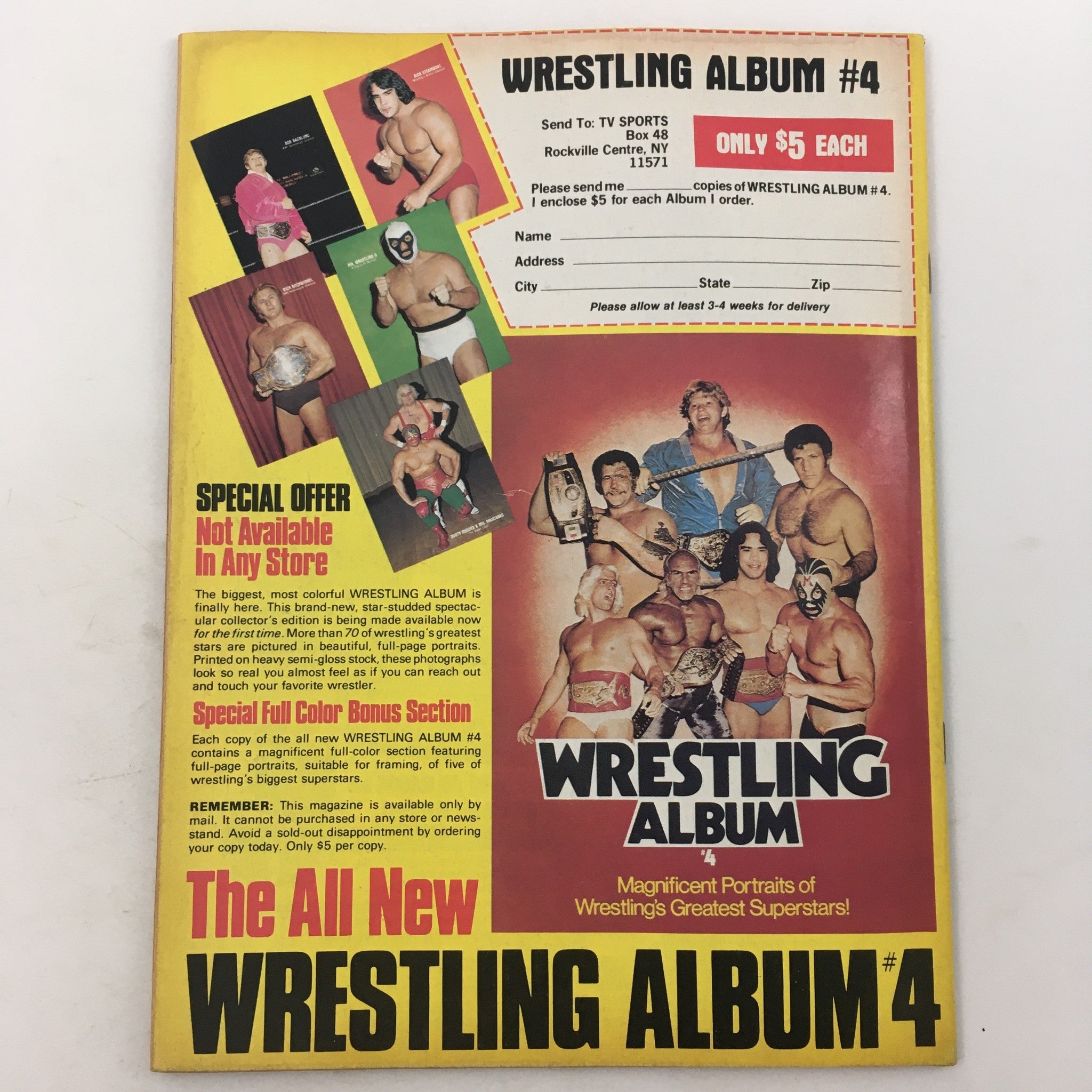 Wrestling Album #4 promotional cover featuring wrestling stars and details about ordering, associated with The Wrestler Magazine April 1981: Ric Flair vs Roddy Piper - The Feud.