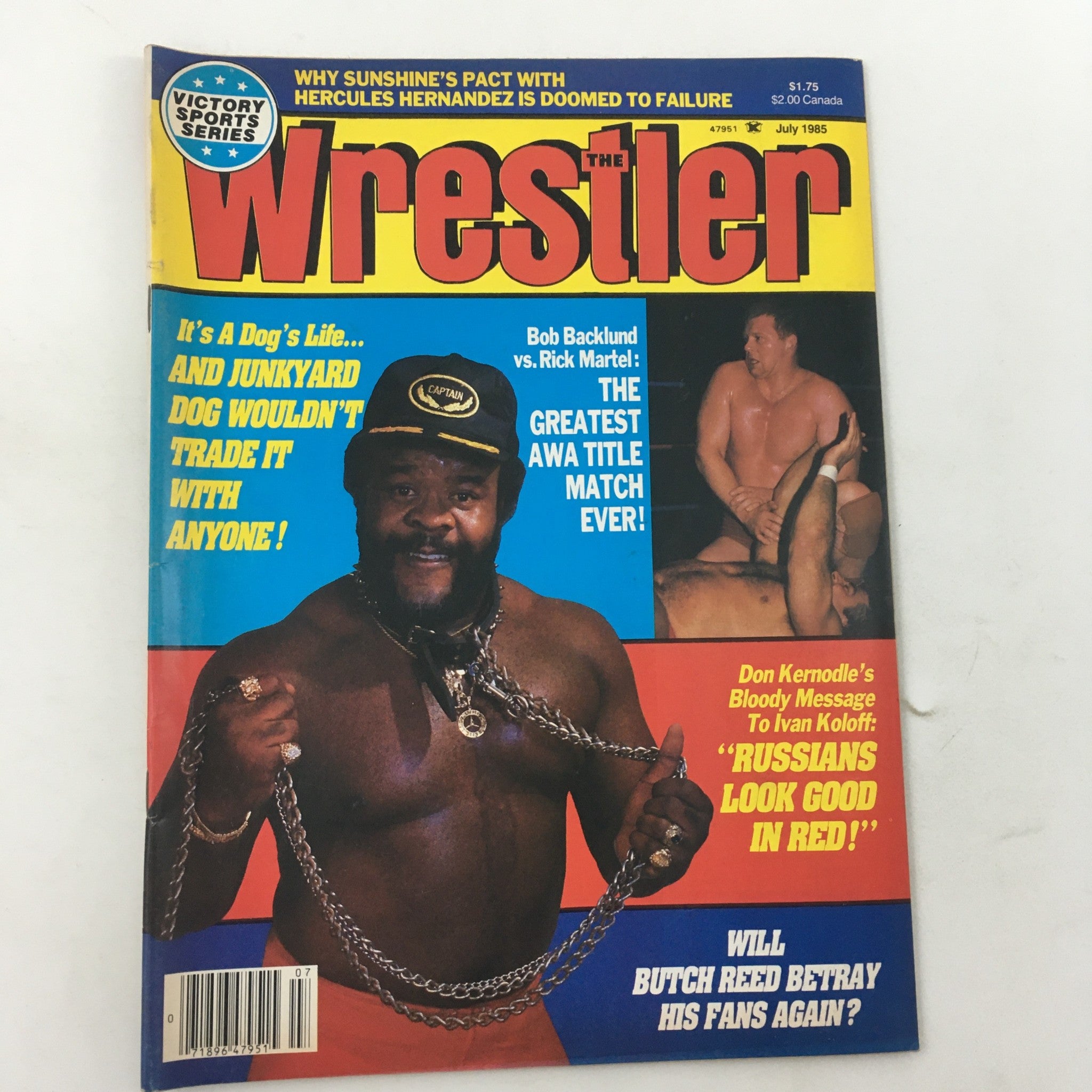 The Wrestler Magazine July 1985 featuring Bob Backlund vs Rick Martel, with Junkyard Dog on the cover, showcasing professional wrestling excitement from the mid-80s.