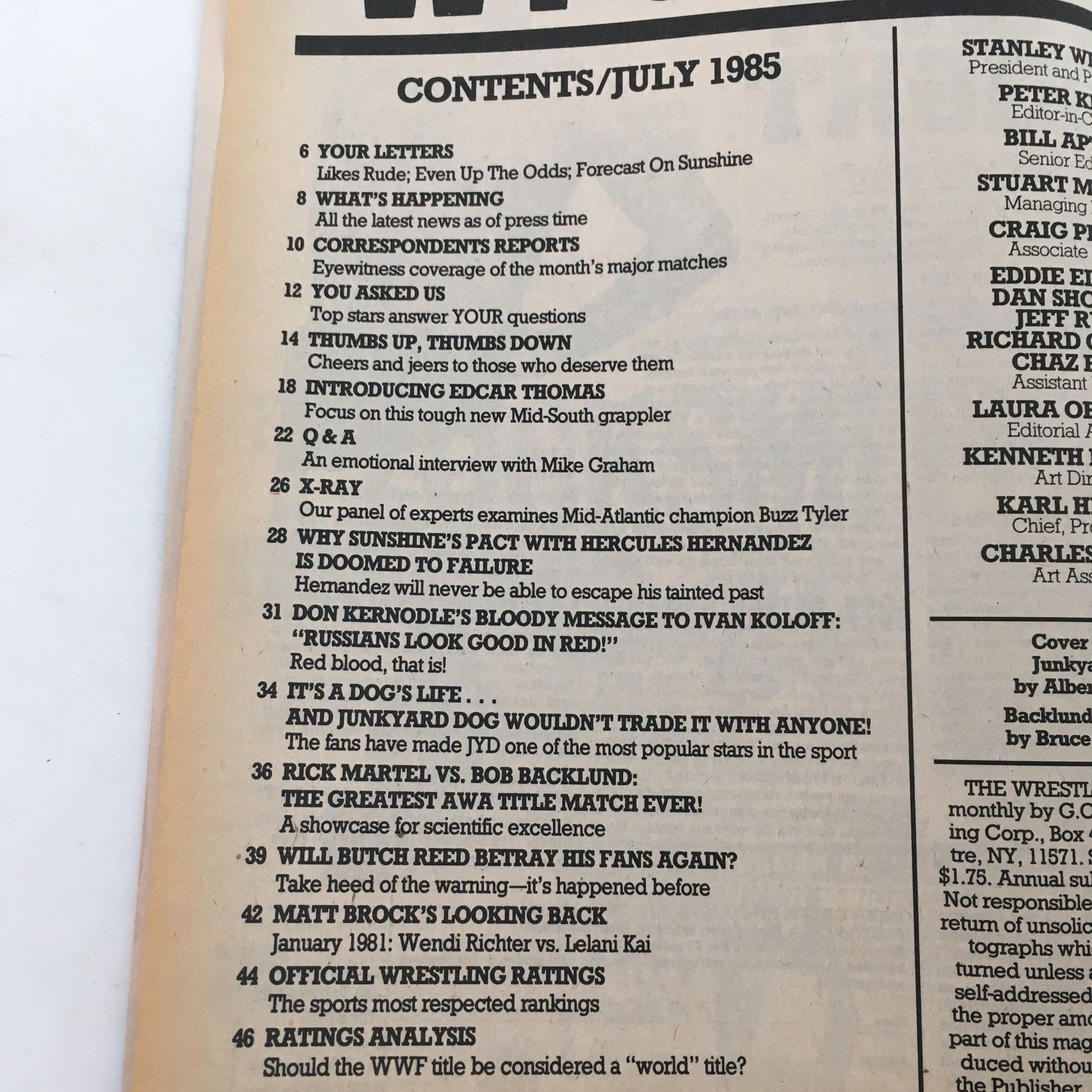 Contents page of The Wrestler Magazine July 1985, featuring articles and highlights from the magazine, promoting matches and wrestling personalities.
