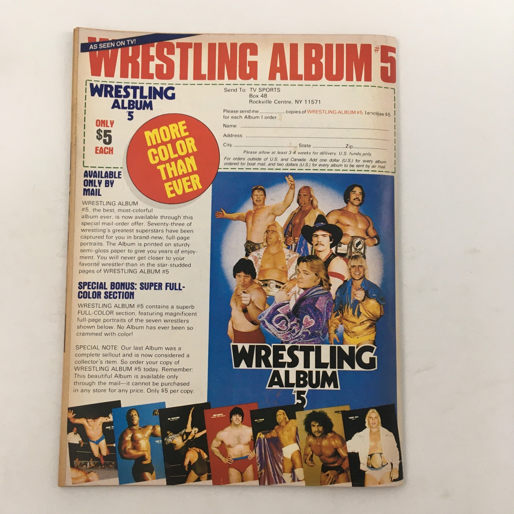 Cover of Wrestling Album #5 showcasing colorful portraits of famous wrestlers, promoting its availability by mail.