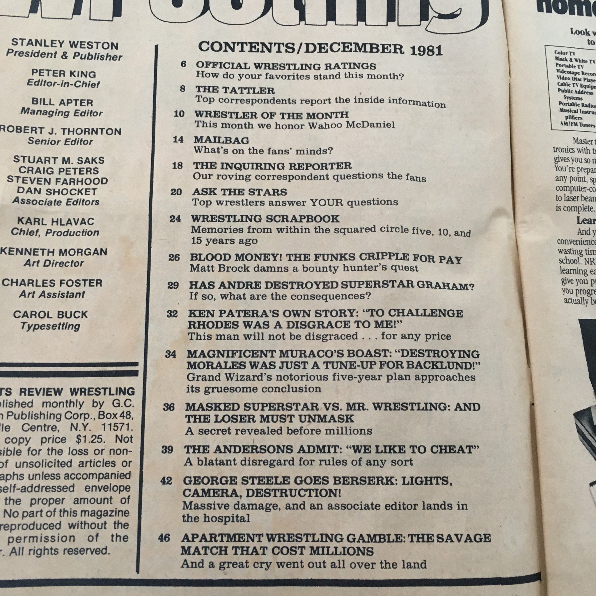 Table of contents from Sports Review Wrestling December 1981 featuring articles on wrestling ratings, wrestler features, and more.
