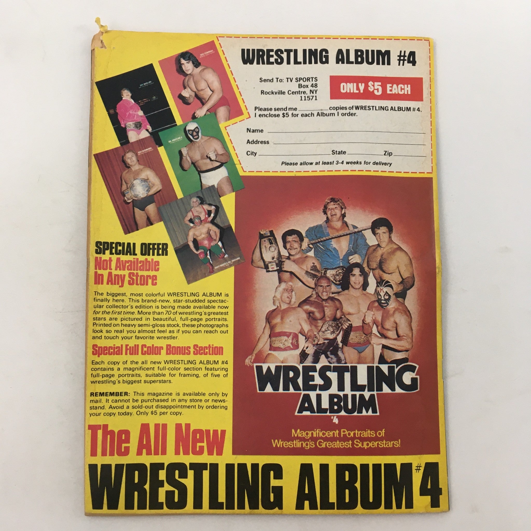 Cover of Wrestling Album #4 showcasing wrestling superstars and promotional information.