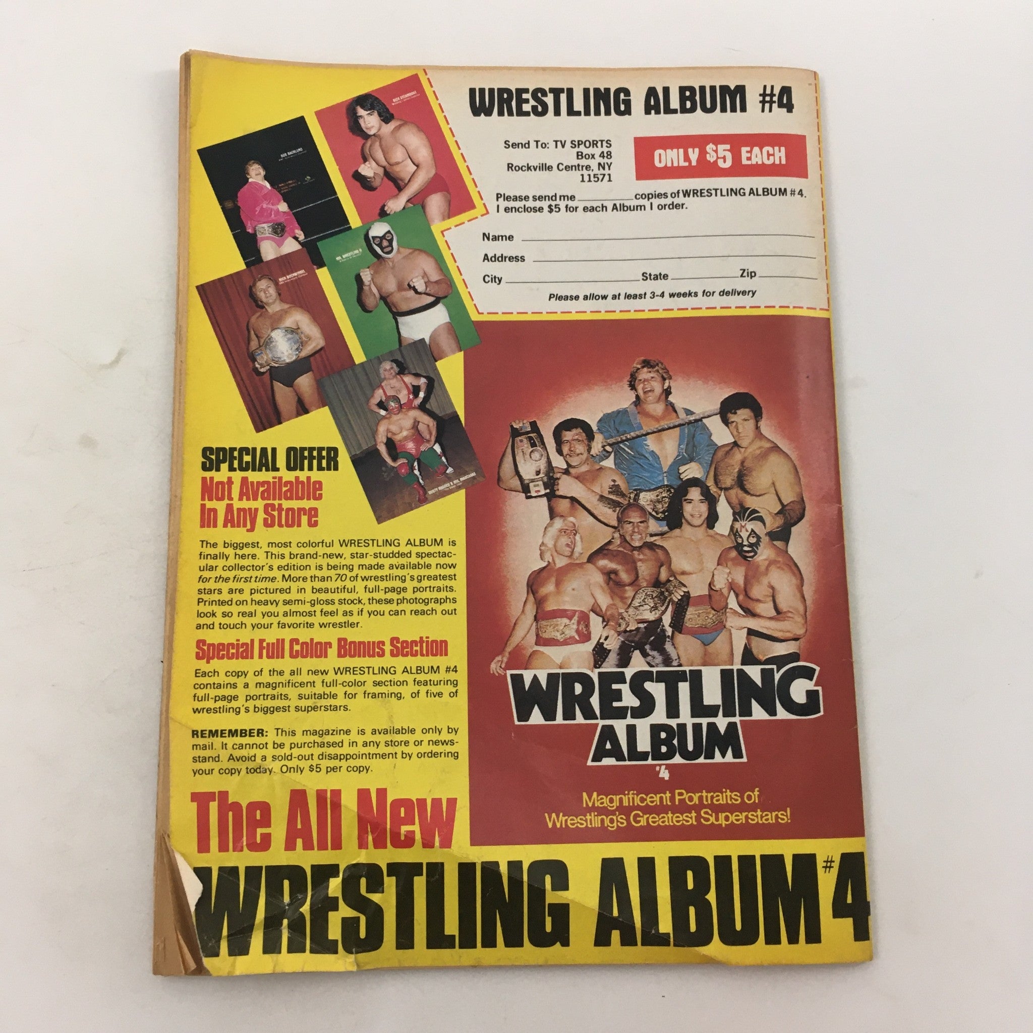 Back cover of Sports Review Wrestling Magazine January 1982, featuring an advertisement for Wrestling Album #4 with portraits of wrestling superstars.