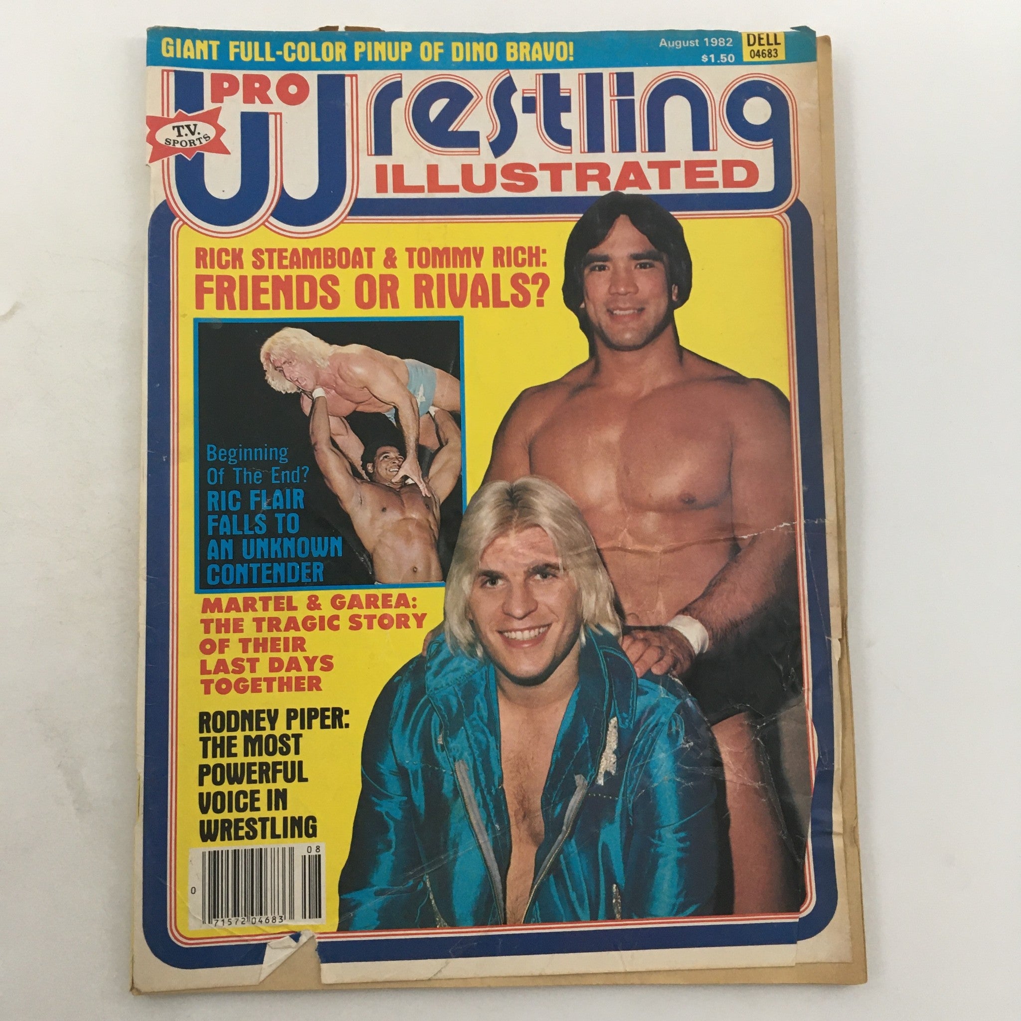 Cover of Pro Wrestling Illustrated Magazine August 1982 featuring Rick Steamboat and Tommy Rich with the headline 'Friends or Rivals?'. The cover includes images of various wrestlers and mentions key topics like Ric Flair and the tragic story of Martel & Garea.