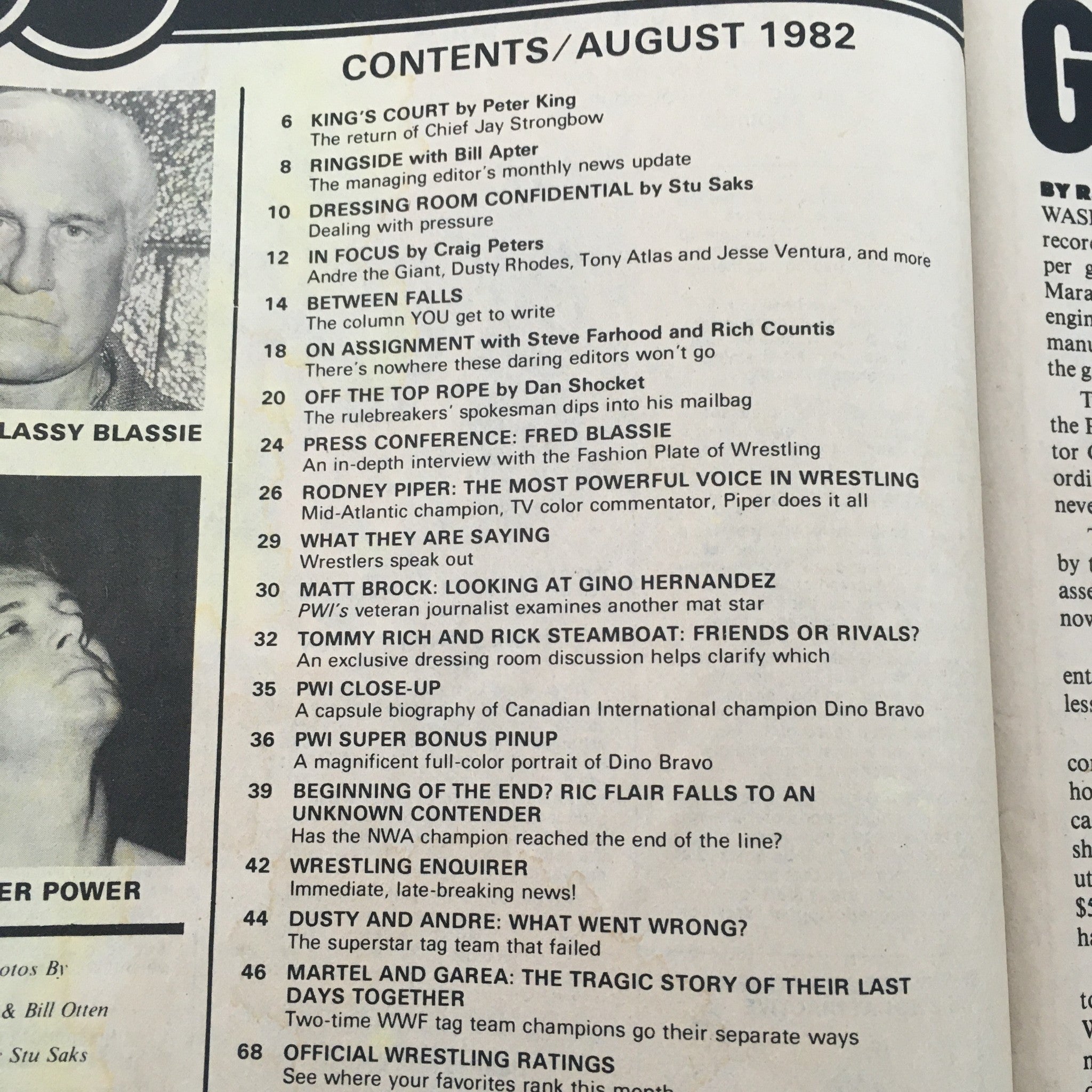 Contents page of Pro Wrestling Illustrated Magazine August 1982. The page lists articles including features on wrestling legends, Roddy Piper's influence, and an exclusive discussion on Rick Steamboat and Tommy Rich.