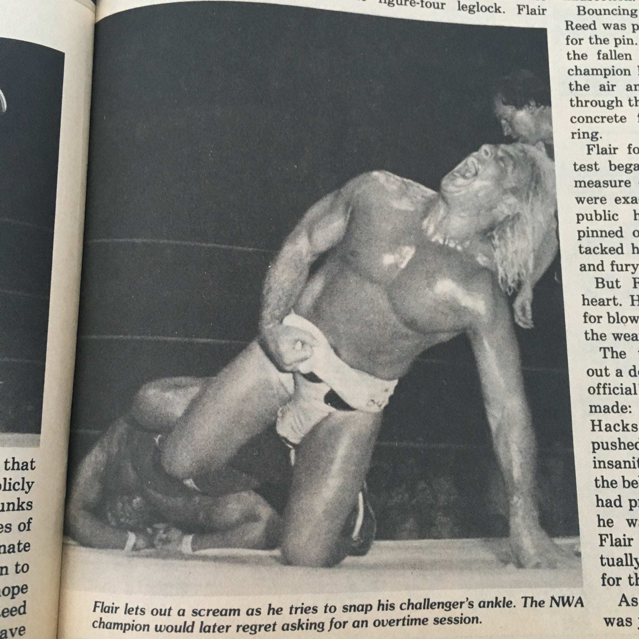Action shot from Pro Wrestling Illustrated Magazine August 1982, showcasing a dramatic moment as Ric Flair attempts to snap his challenger’s ankle during a wrestling match.