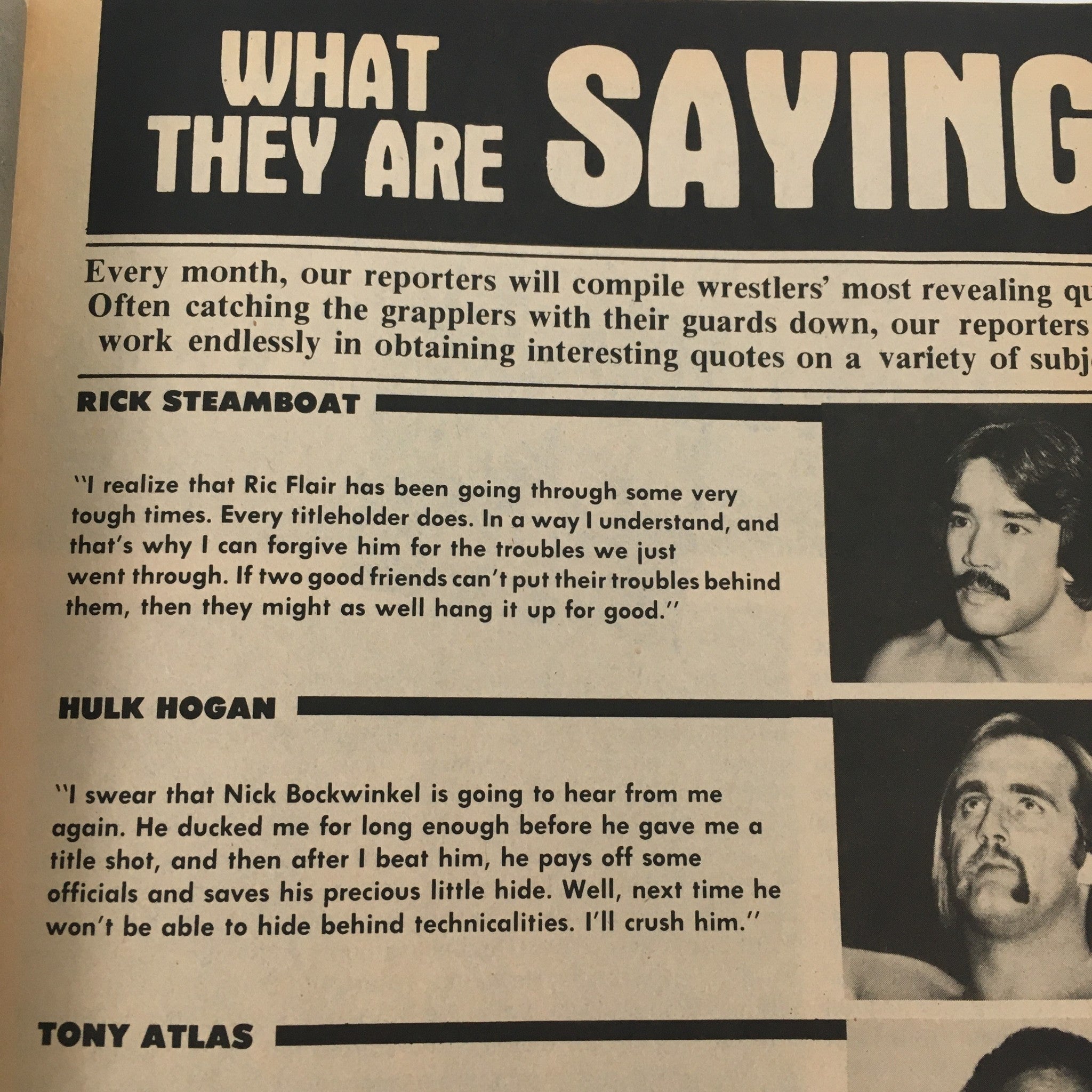 Page from Pro Wrestling Illustrated Magazine August 1982 featuring quotes from wrestlers Rick Steamboat, Hulk Hogan, and Tony Atlas discussing their challenges in the wrestling world.