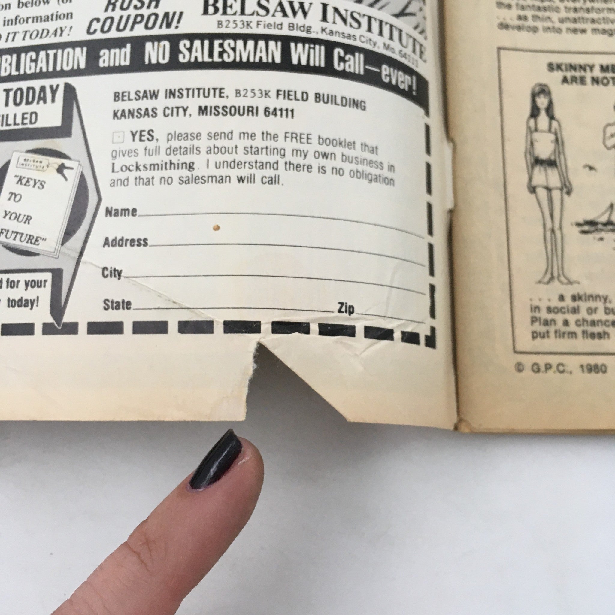 Inside view of Pro Wrestling Illustrated Magazine August 1982, featuring a subscription advertisement with personal information section for the Belsaw Institute.