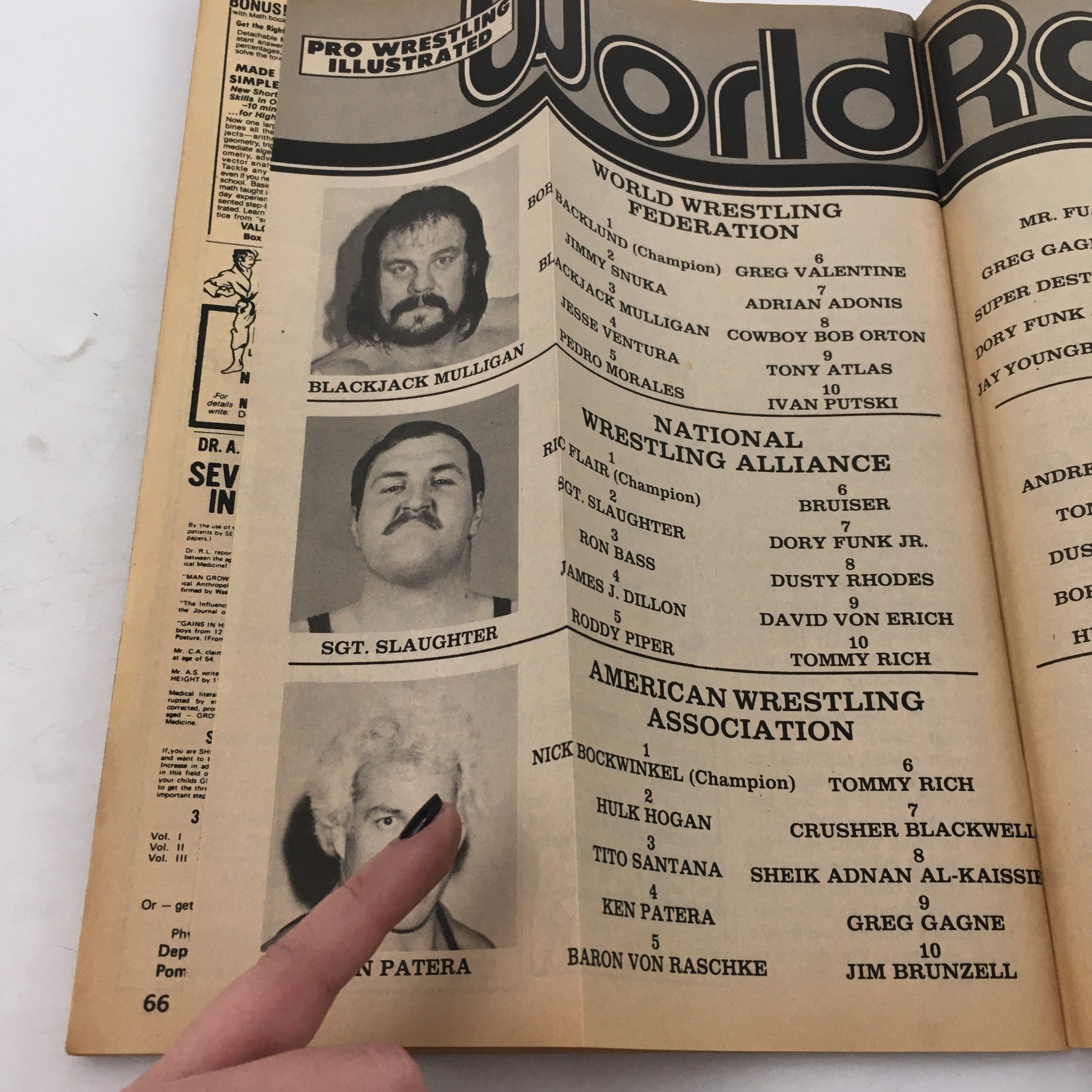 Inside view of Pro Wrestling Illustrated Magazine August 1982, showcasing a wrestling rankings page including photos of wrestlers like Blackjack Mulligan and Sgt. Slaughter.