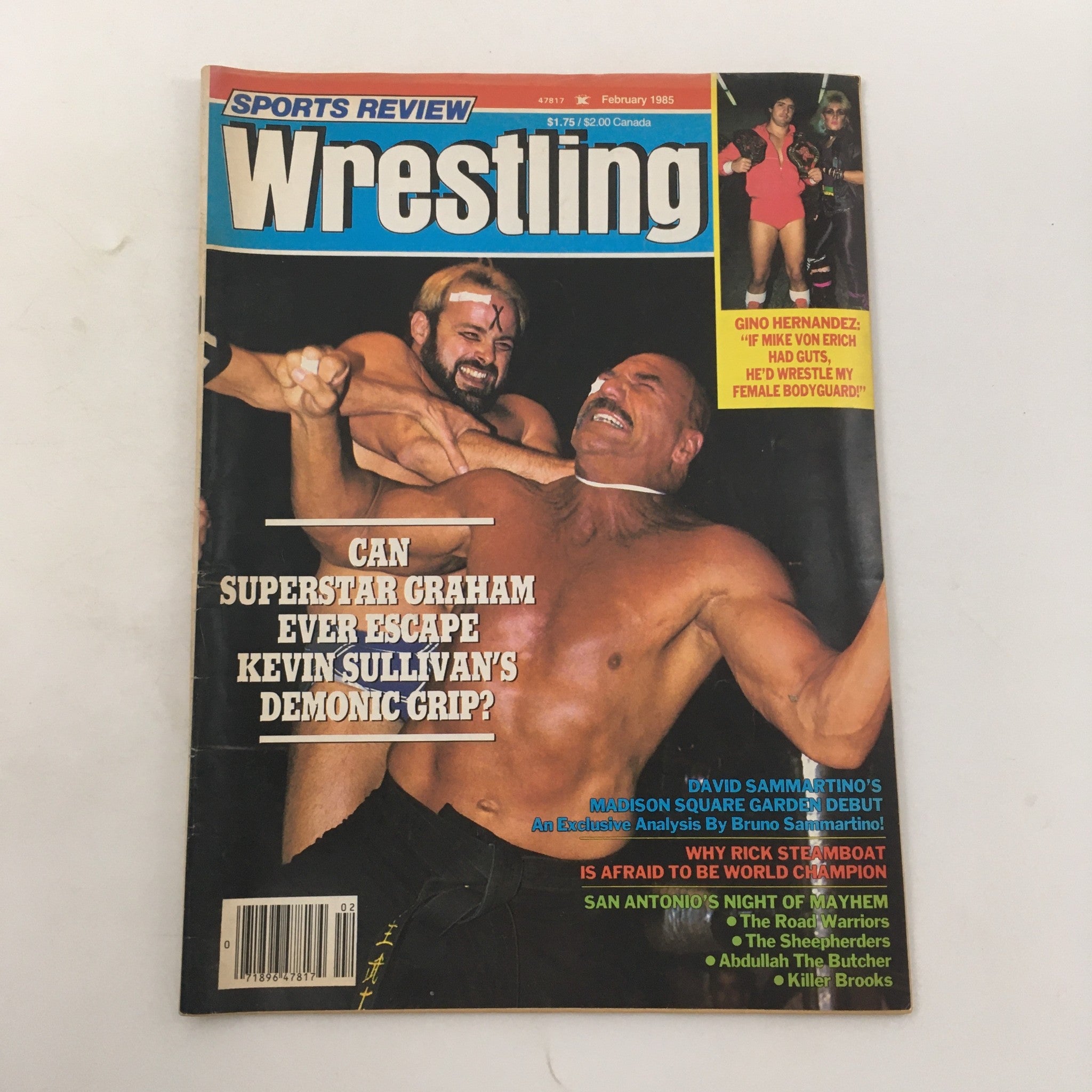 Cover of Sports Review Wrestling Magazine February 1985 featuring Billy Graham vs Kevin Sullivan, highlighting a dramatic wrestling showdown.