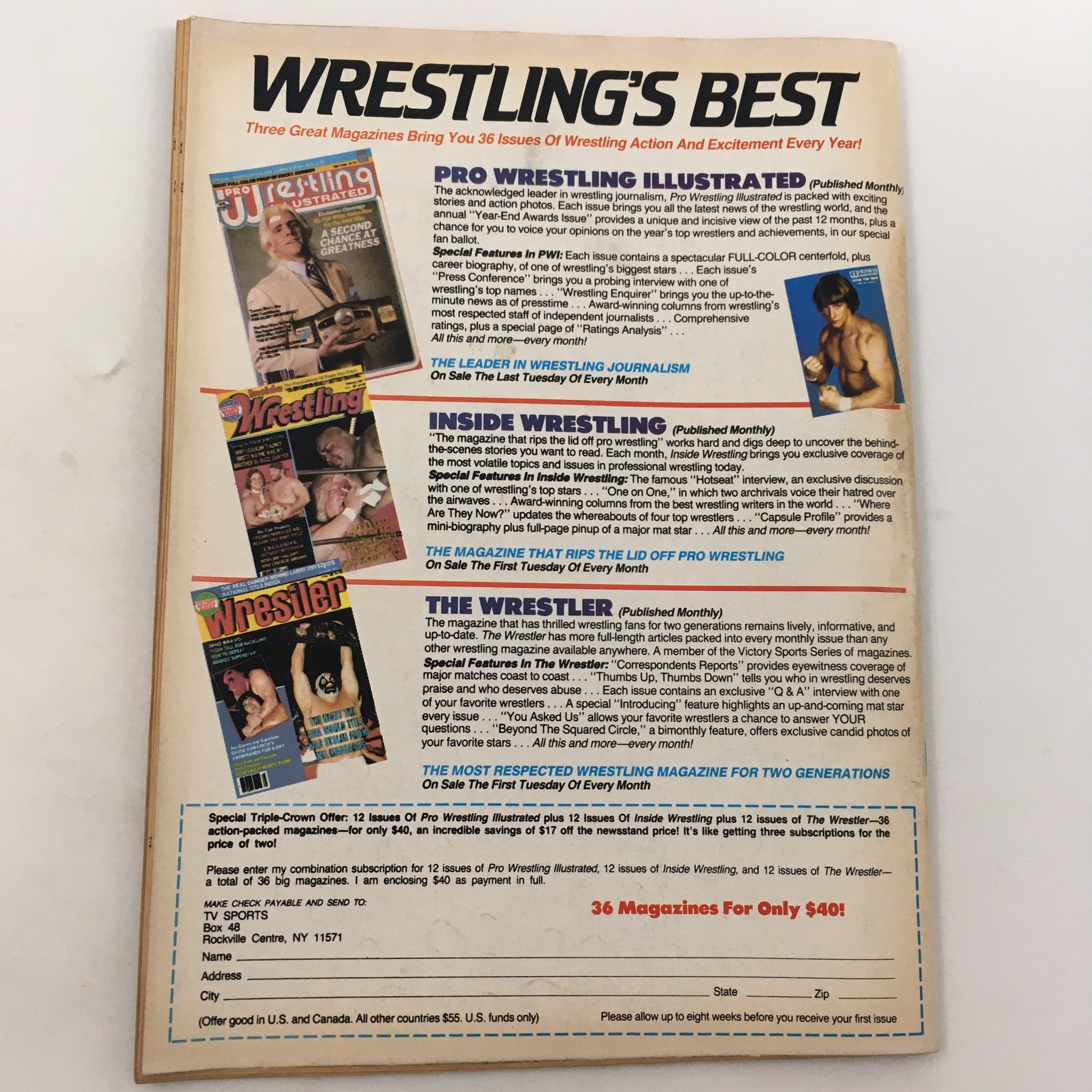 Promotional page from Sports Review Wrestling Magazine February 1985 featuring offers for wrestling magazines including Pro Wrestling Illustrated, Inside Wrestling, and The Wrestler.