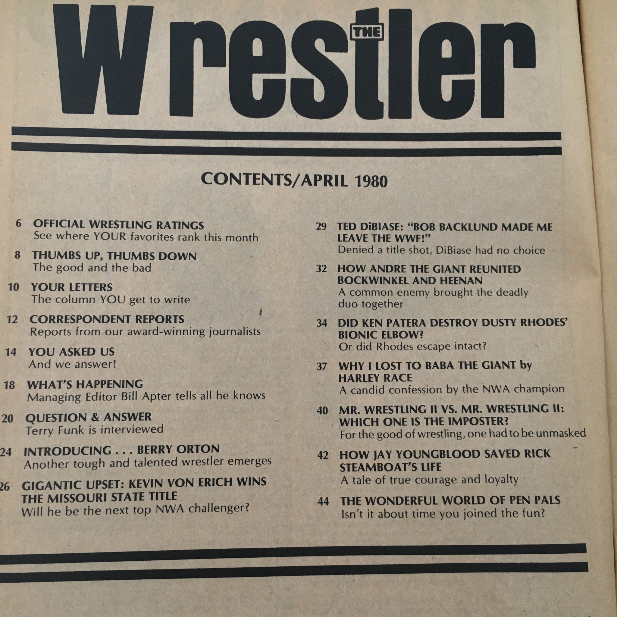 Table of contents from The Wrestler Magazine April 1980, listing articles and features including Ted DiBiase and Mr. Wrestling II.