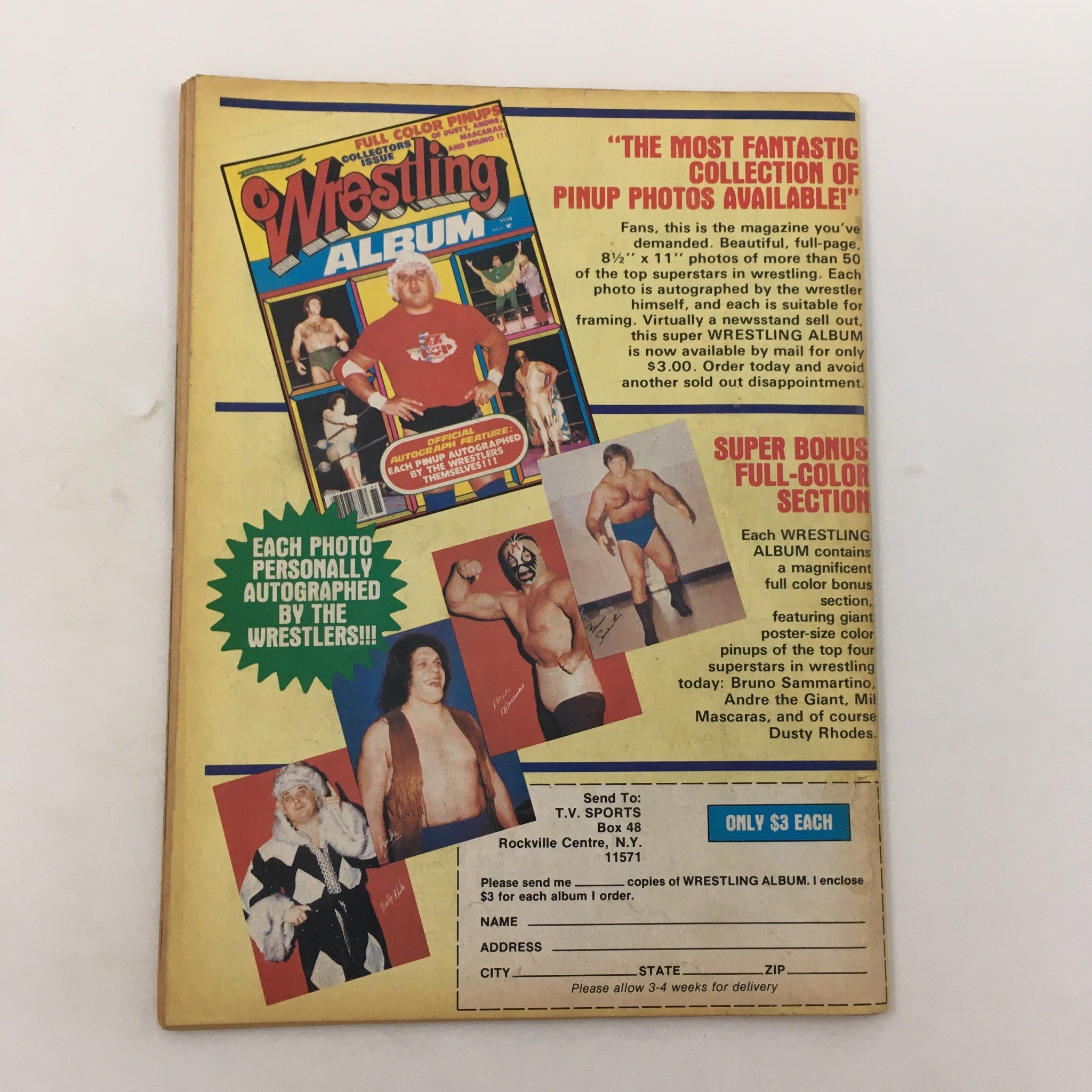 Back cover of The Wrestler Magazine April 1980 showcasing a Wrestling Album advertisement, featuring autographed pinup photos of famous wrestlers.